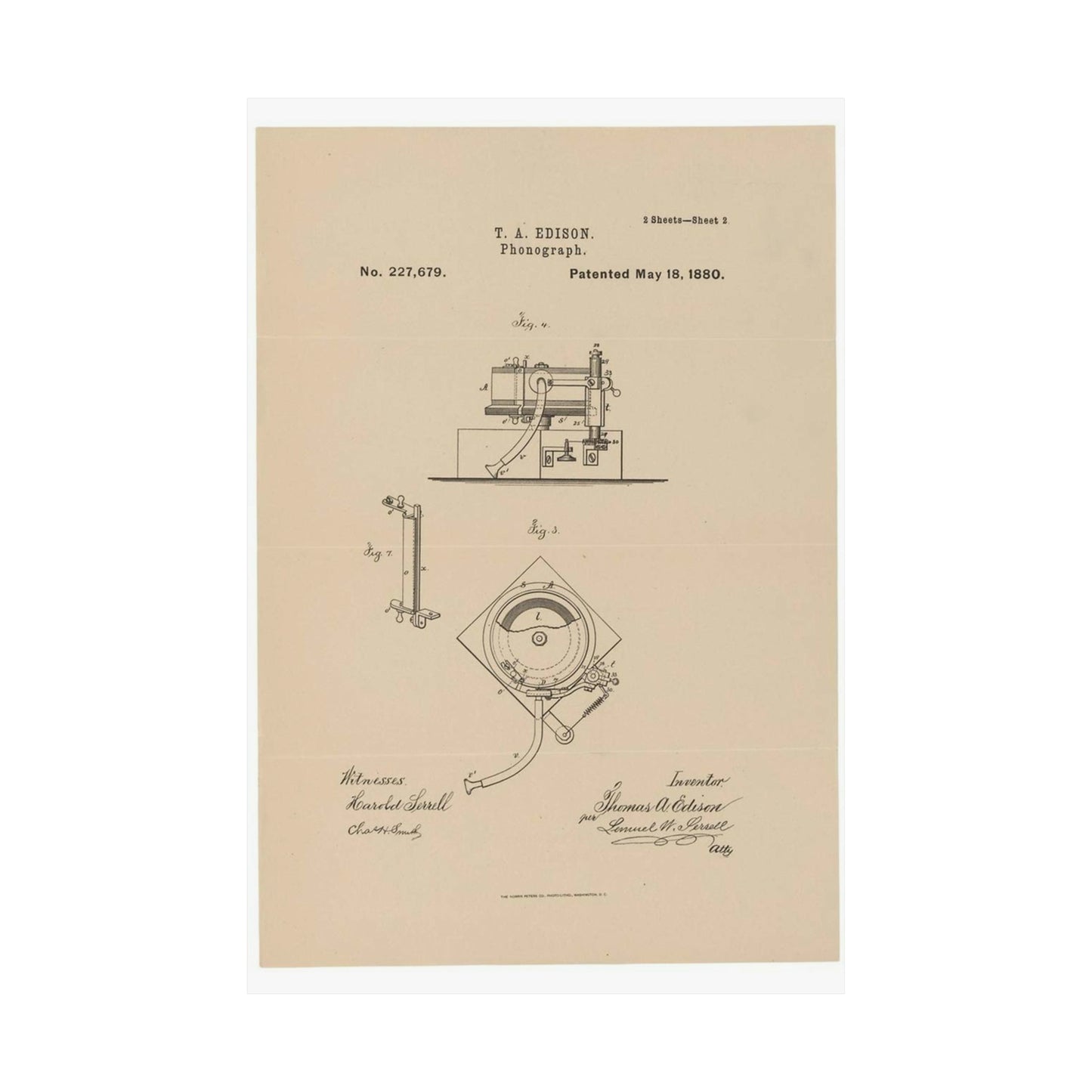 Patent Drawing of Engine - Drawing for a Phonograph Public domain image High Quality Matte Wall Art Poster for Home, Office, Classroom