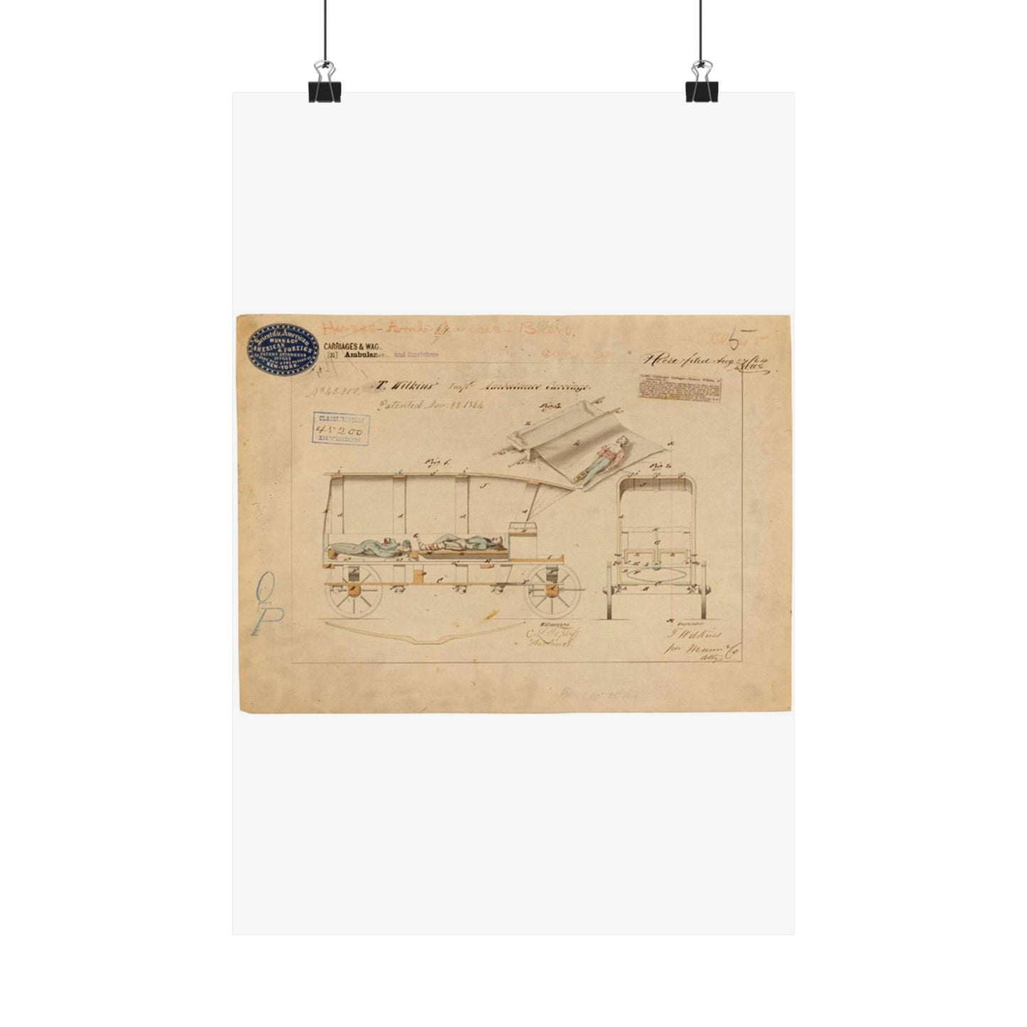 Patent drawing - Drawing of Improved Ambulance Carriage Public domain image High Quality Matte Wall Art Poster for Home, Office, Classroom