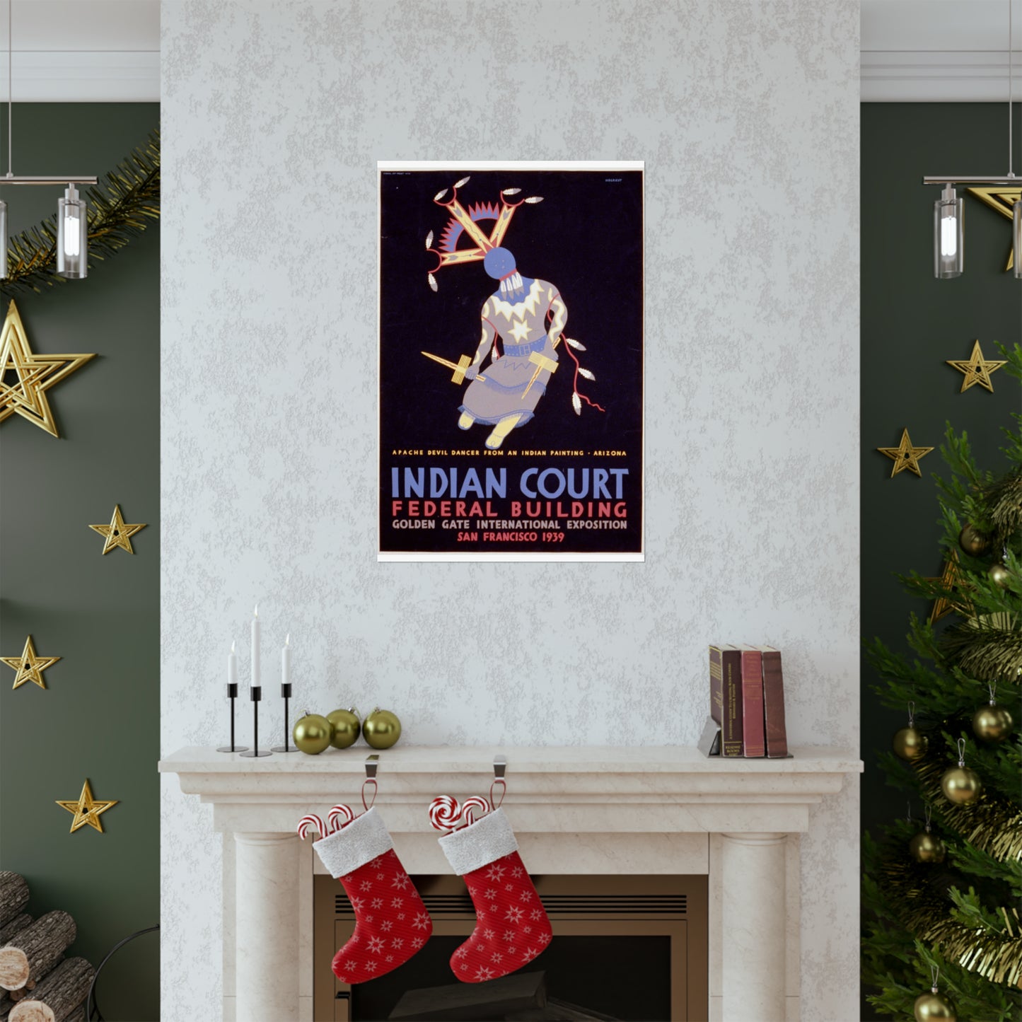 Indian court, Federal Building, Golden Gate International Exposition, San Francisco, 1939 Apache devil dancer from an Indian painting, Arizona / / Siegriest. High Quality Matte Wall Art Poster for Home, Office, Classroom