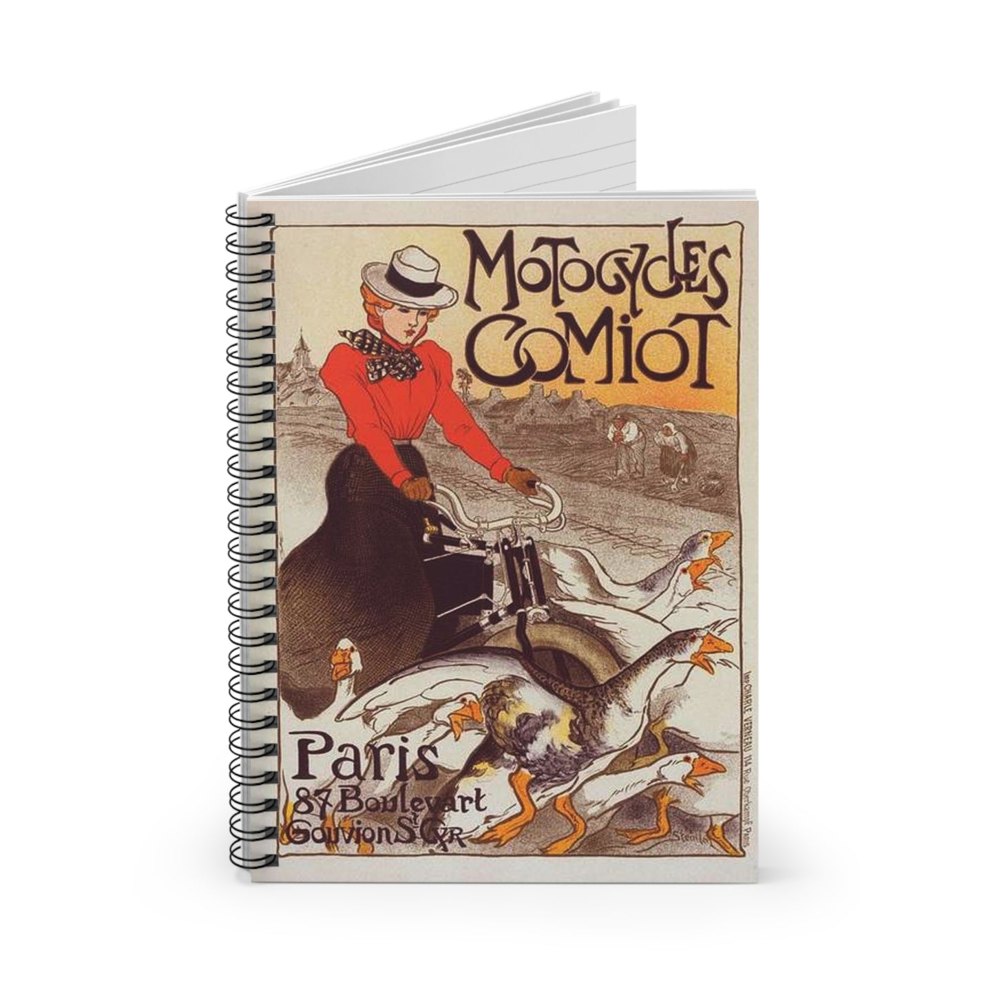 Affiche pour les "Motocycles Comiot". Spiral Bound Ruled Notebook with Printed Cover