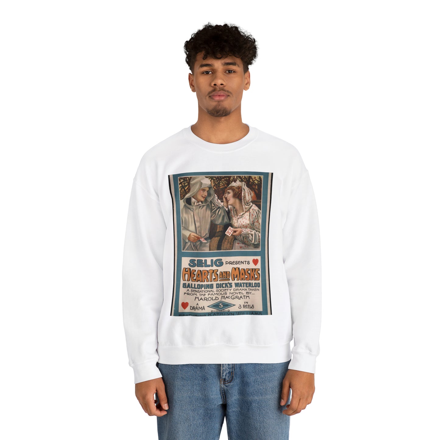 Selig presents hearts and masks Galloping Dick's waterloo, a sensational society drama taken from the famous novel by Harold MacGrath. White Heavy Blend Adult Crew Neck SweatShirt