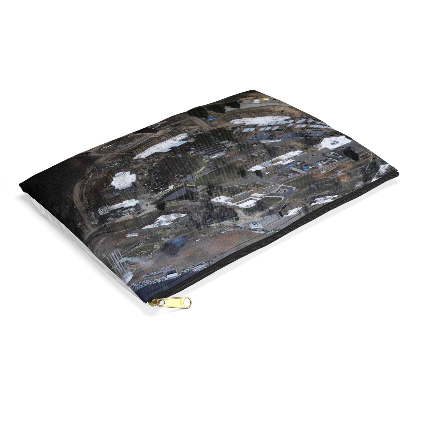 An aerial view of the Muscatatuck Urban Training Center Large Organizer Pouch with Black Zipper
