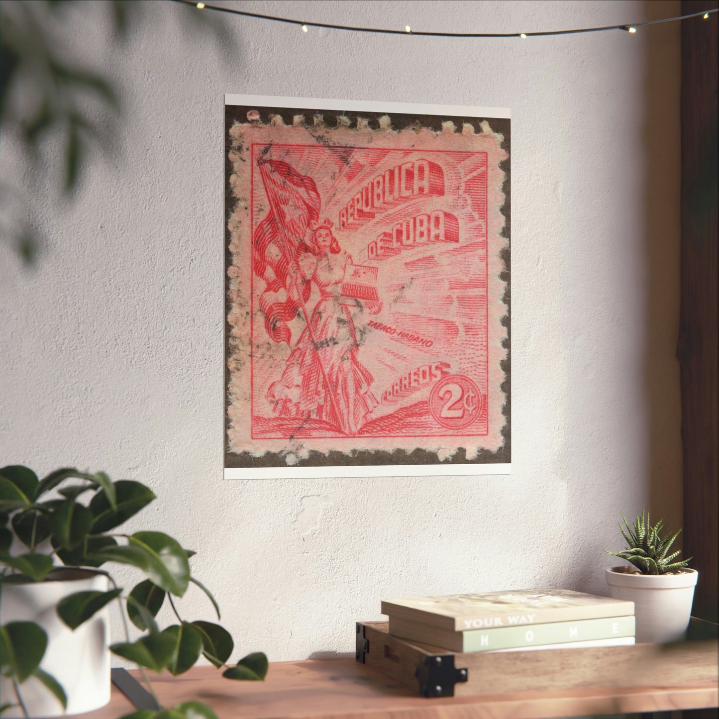 Frimärke ur Gösta Bodmans filatelistiska motivsamling, påbörjad 1950.Frimärke från Cuba, 1948. Motiv av kvinnosymbol för friheten med cigrarrlåda och flagga. High Quality Matte Wall Art Poster for Home, Office, Classroom