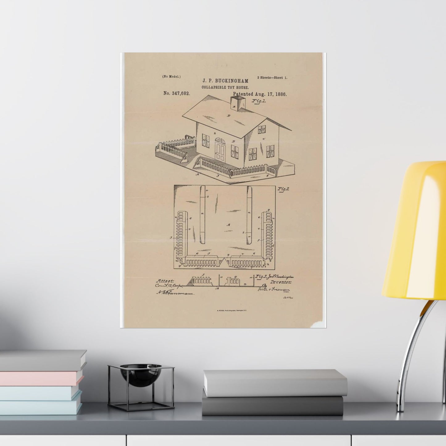 Patent Drawing of Engine - Drawing for a Collapsible Toy House Public domain image High Quality Matte Wall Art Poster for Home, Office, Classroom