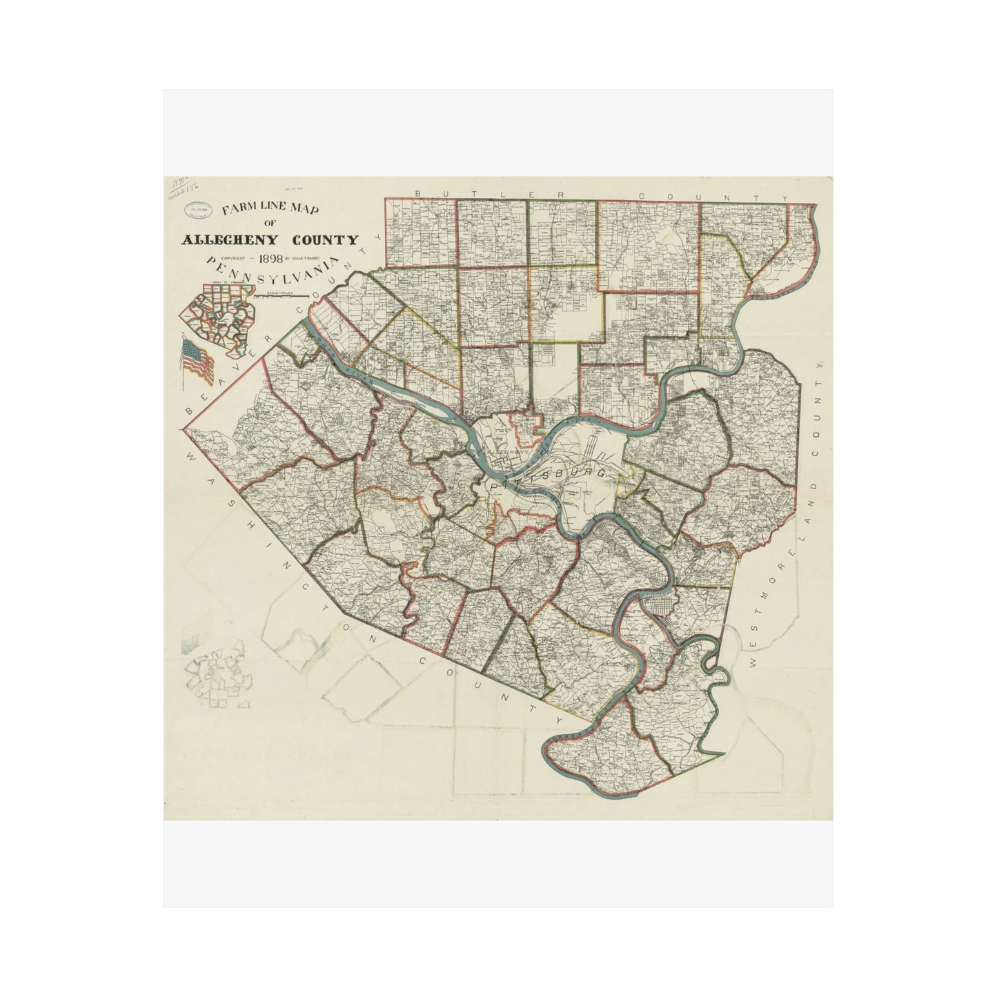 Farm line map of Allegheny County, Pennsylvania / High Quality Matte Wall Art Poster for Home, Office, Classroom