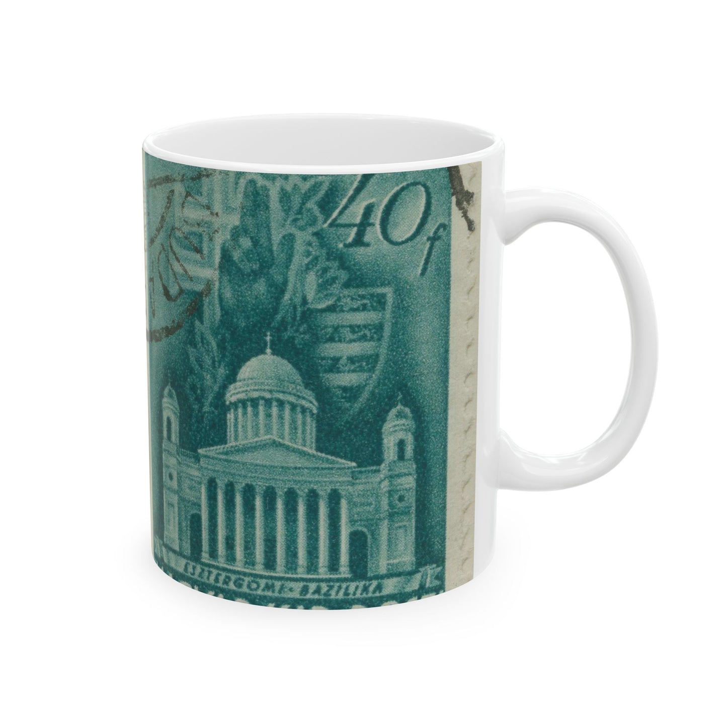 Frimärke ur Gösta Bodmans filatelistiska motivsamling, påbörjad 1950.Frimärke från Ungern, 1939. Motiv av Basilikan i Eszergom. Beautiful Novelty Ceramic Coffee Mug 11oz
