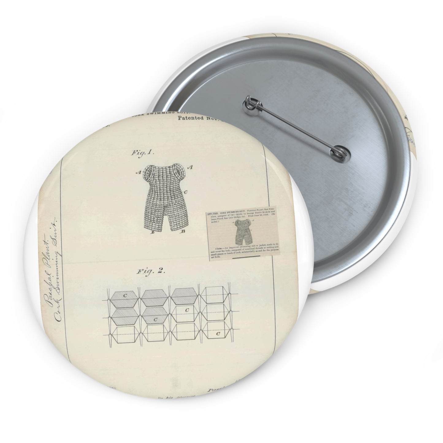 Patent drawing - for P. Plant's Cork Swimming Suit Public domain image Pin Buttons with Crisp Design
