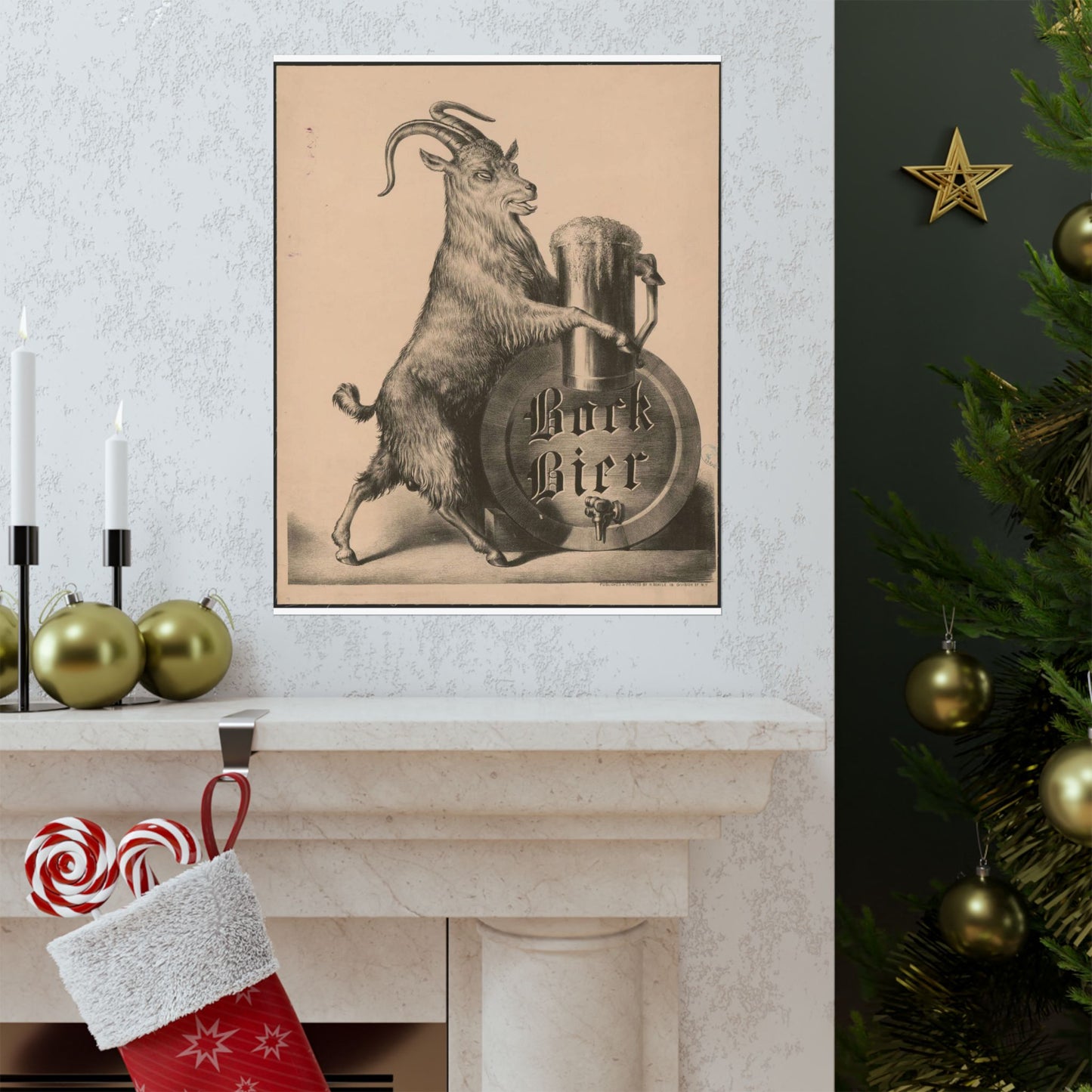 Bock Bier goat on hind legs, holding large mug of beer with front hooves High Quality Matte Wall Art Poster for Home, Office, Classroom