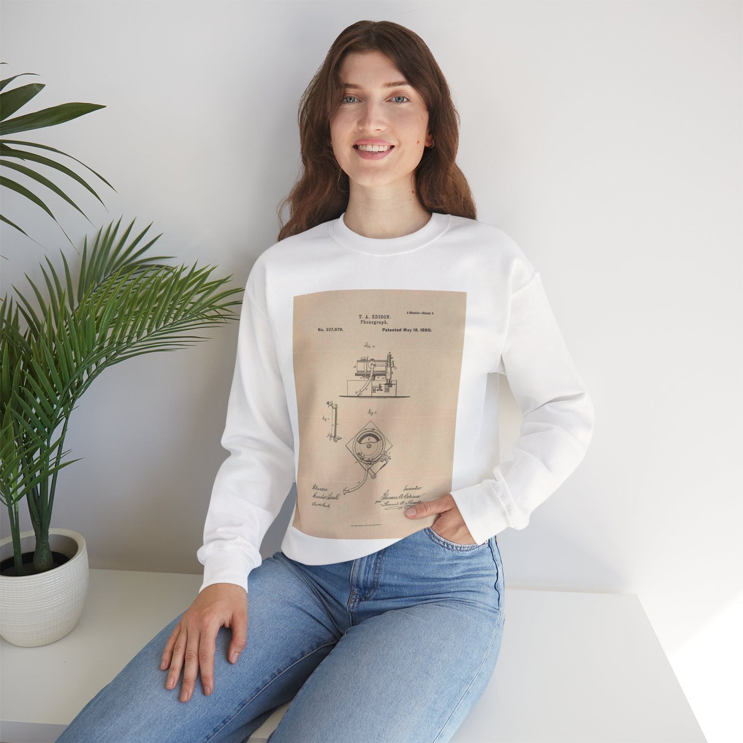 Patent Drawing of Engine - Drawing for a Phonograph Public domain image White Heavy Blend Adult Crew Neck SweatShirt