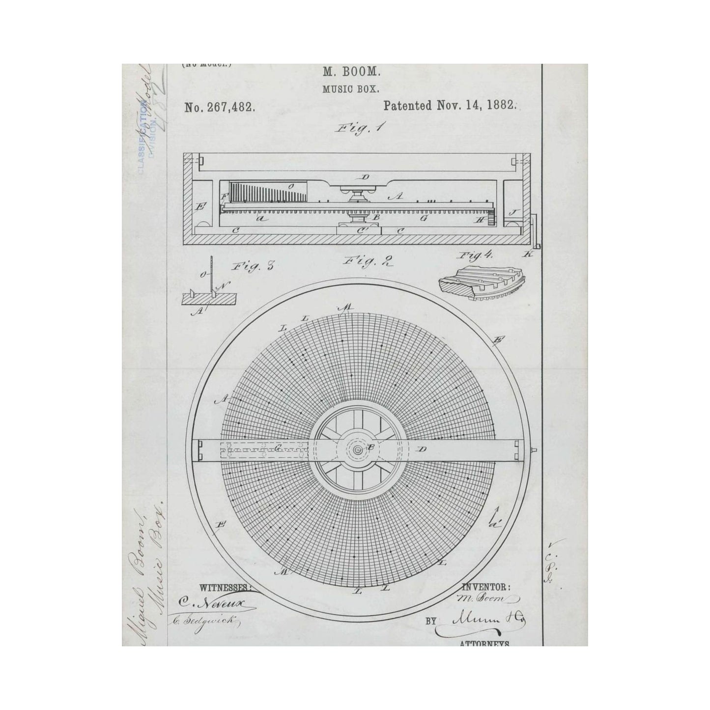Patent Drawing of Engine - for M. Boom's Music Box Public domain image High Quality Matte Wall Art Poster for Home, Office, Classroom