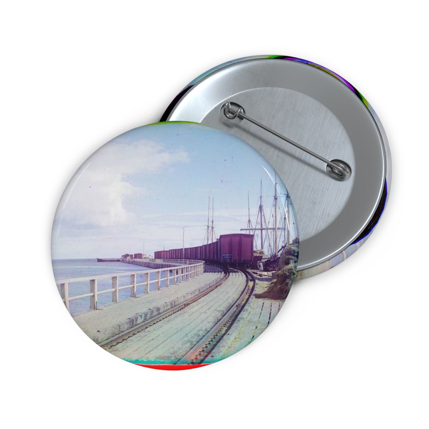 Sorochya Bay. Railroad dam in the Soroka inlet. Arkhangelsk Province, Russia. Pin Buttons with Crisp Design