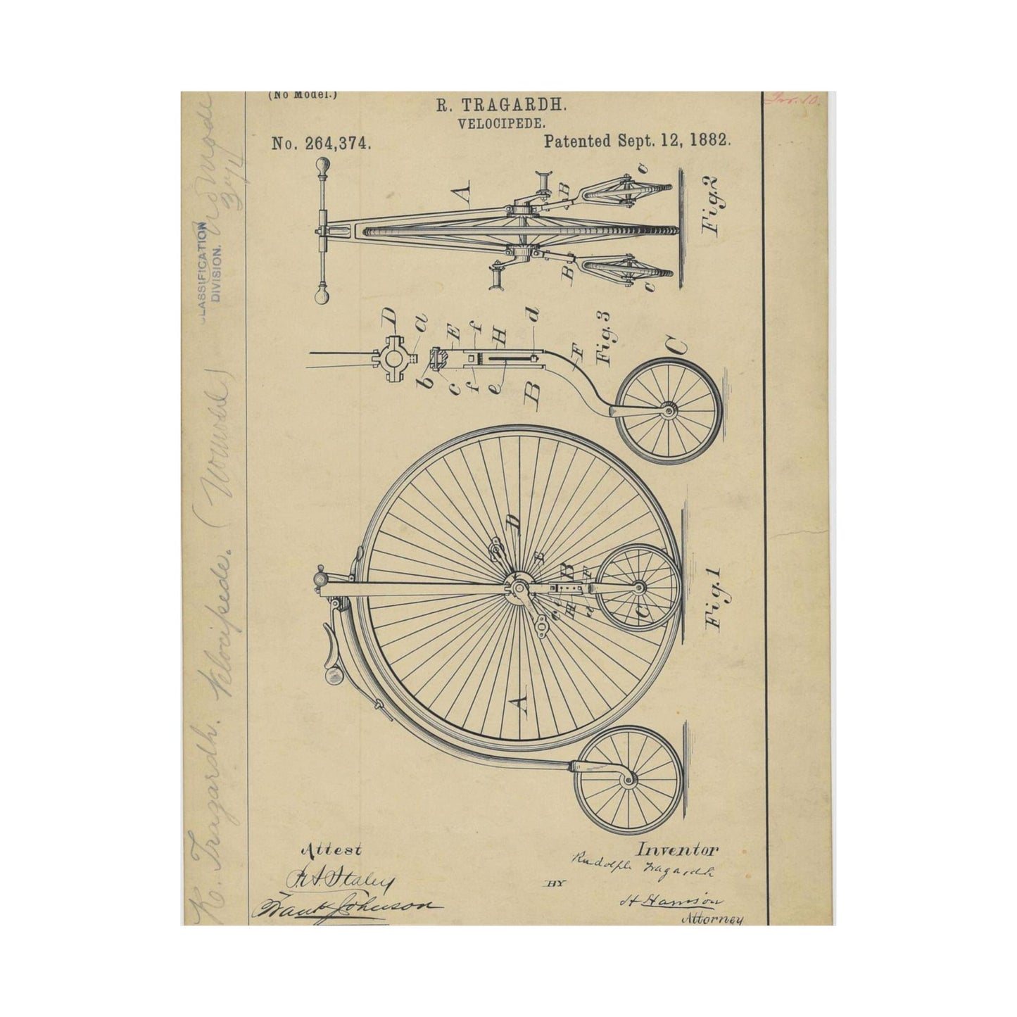 Patent drawing - Drawing of a Velocipede Public domain image High Quality Matte Wall Art Poster for Home, Office, Classroom