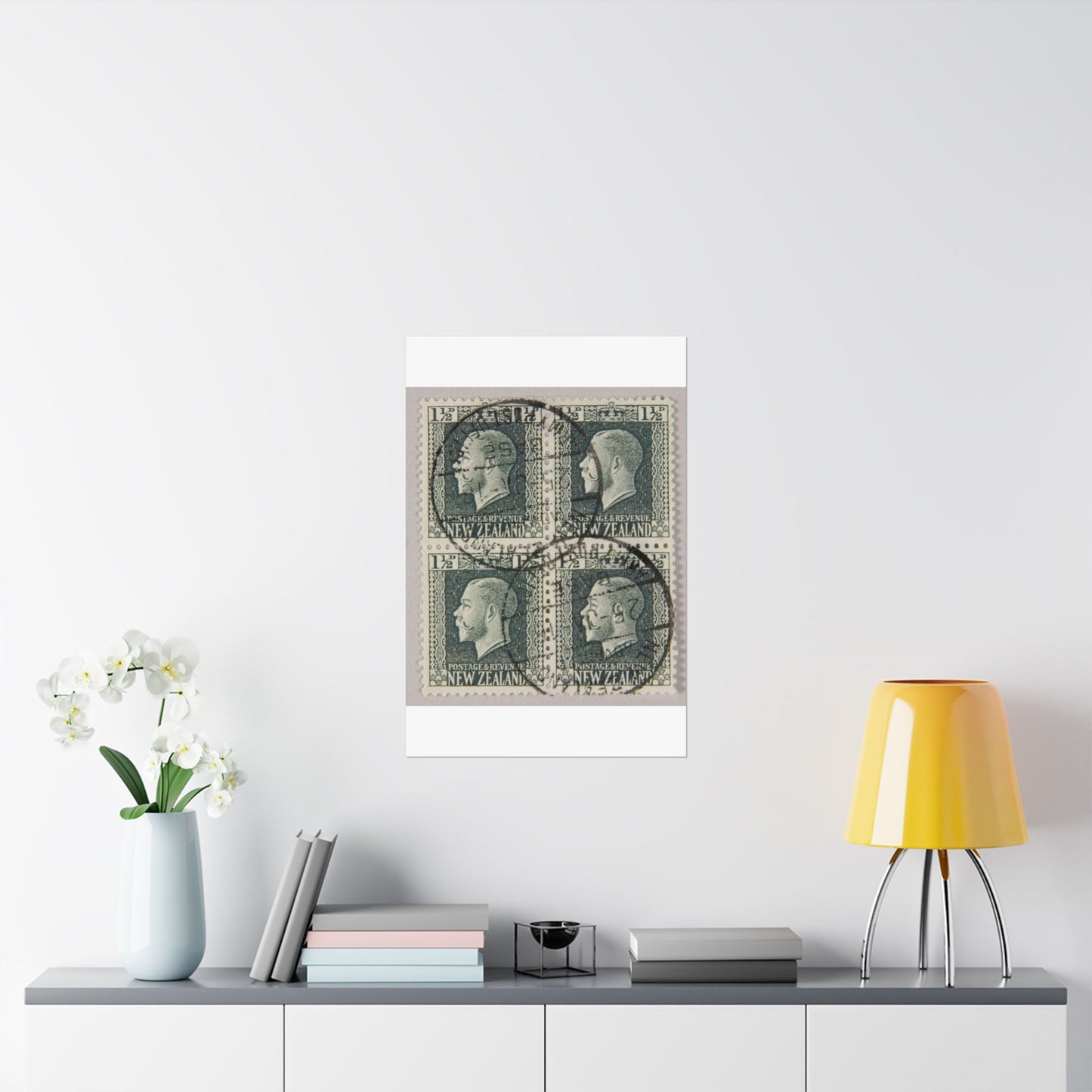 Block of one and a half penny 'King George V' definitive stamps in grey slate High Quality Matte Wall Art Poster for Home, Office, Classroom