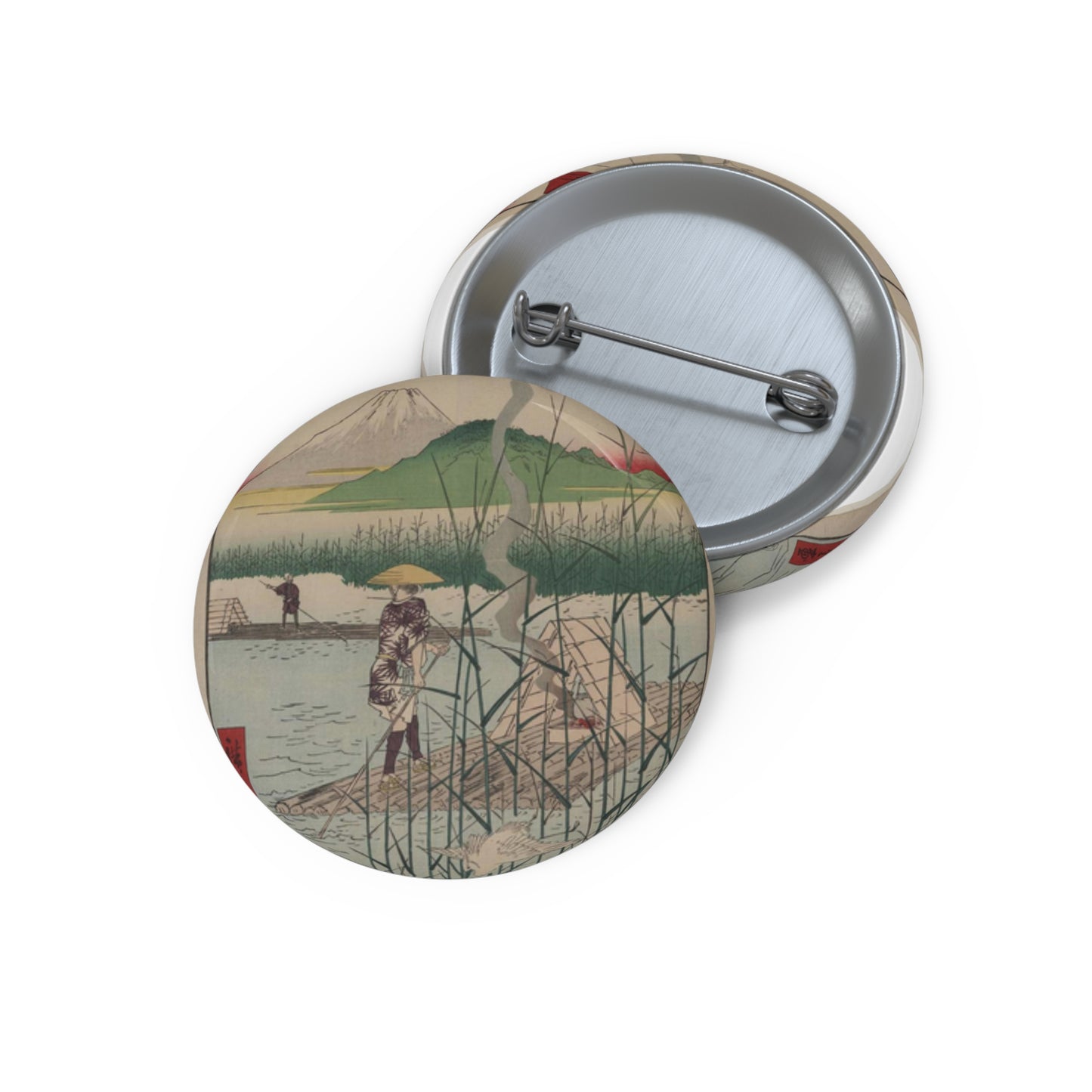 18 - The Sagami River - A painting of a man standing on a boat in a body of water Pin Buttons with Crisp Design
