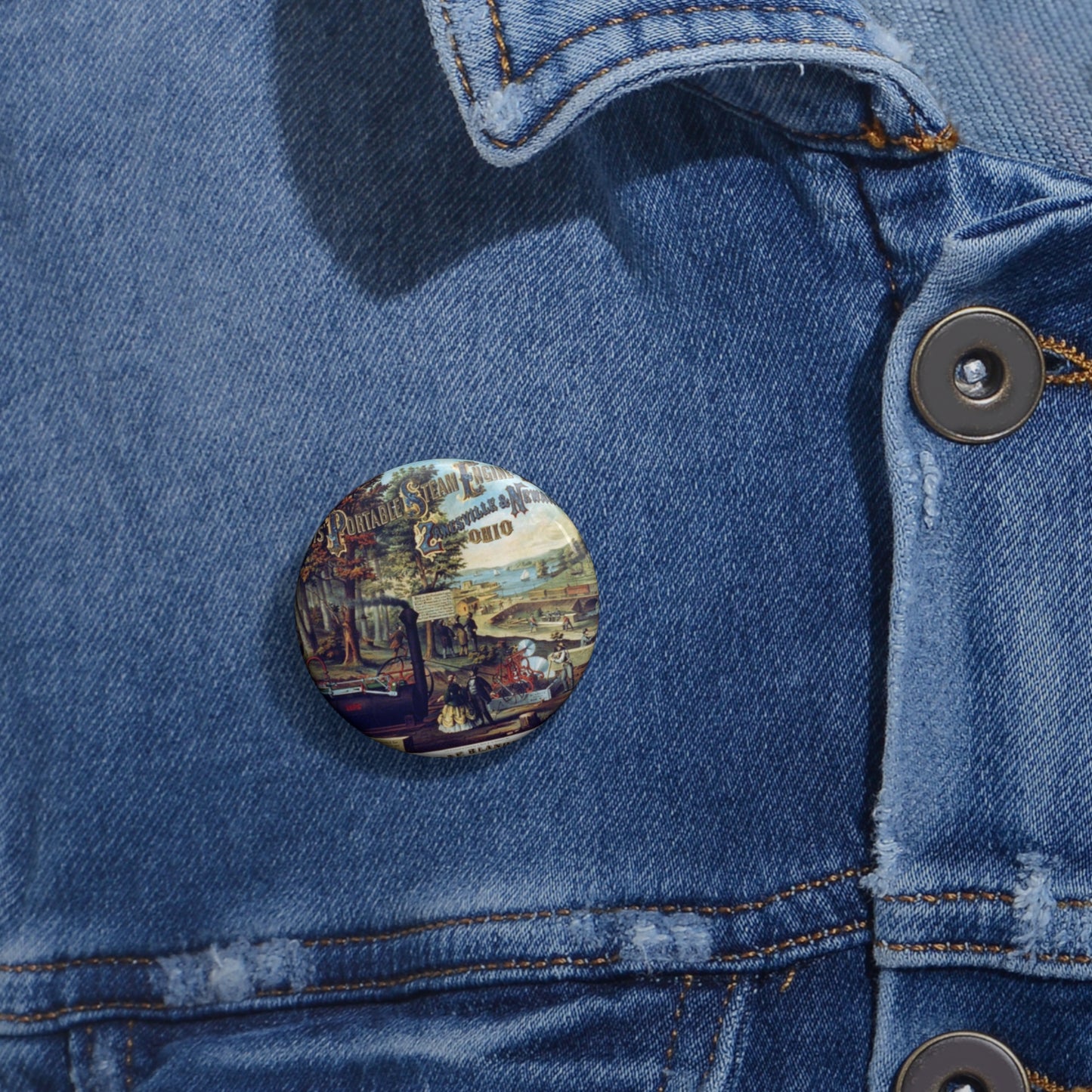 Blandy's portable steam engine and saw mills, Zanesville & Newark Ohio Pin Buttons with Crisp Design