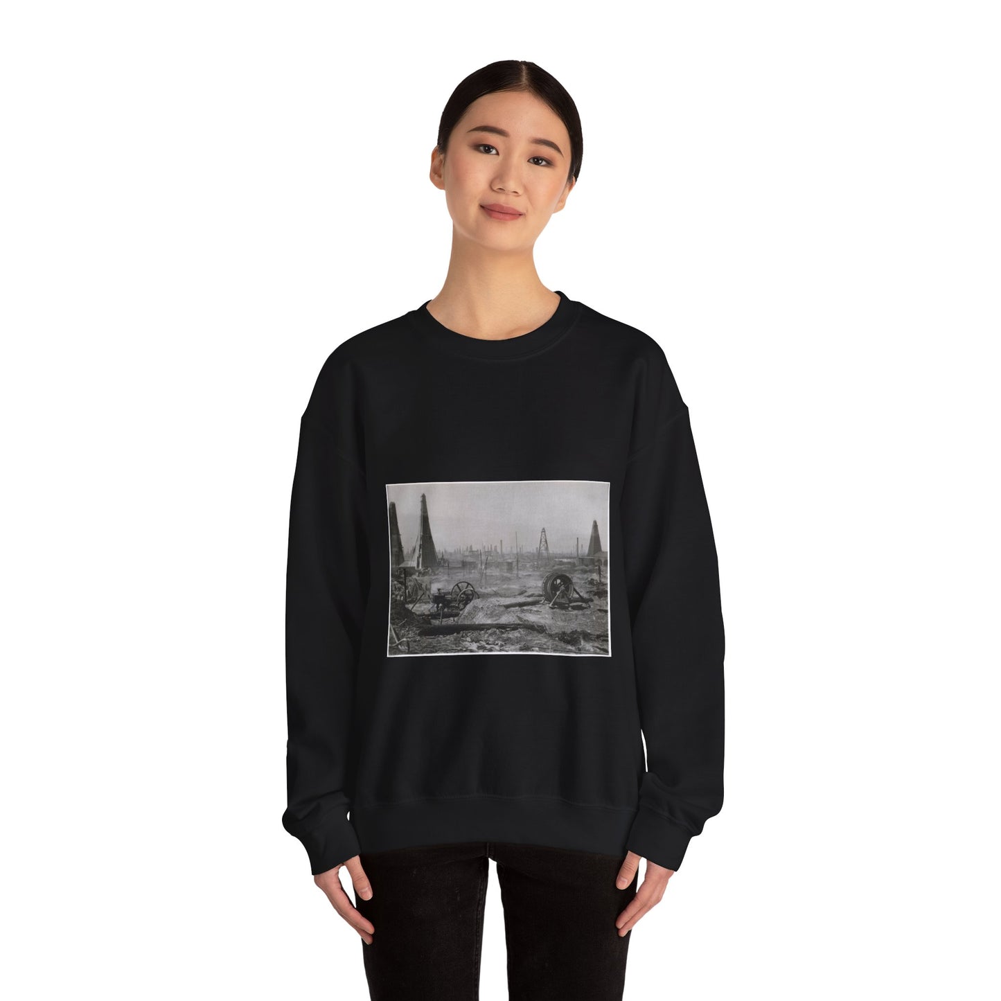 Baku. Oil production. - Drawing. Public domain image. Black Heavy Blend Adult Crew Neck SweatShirt