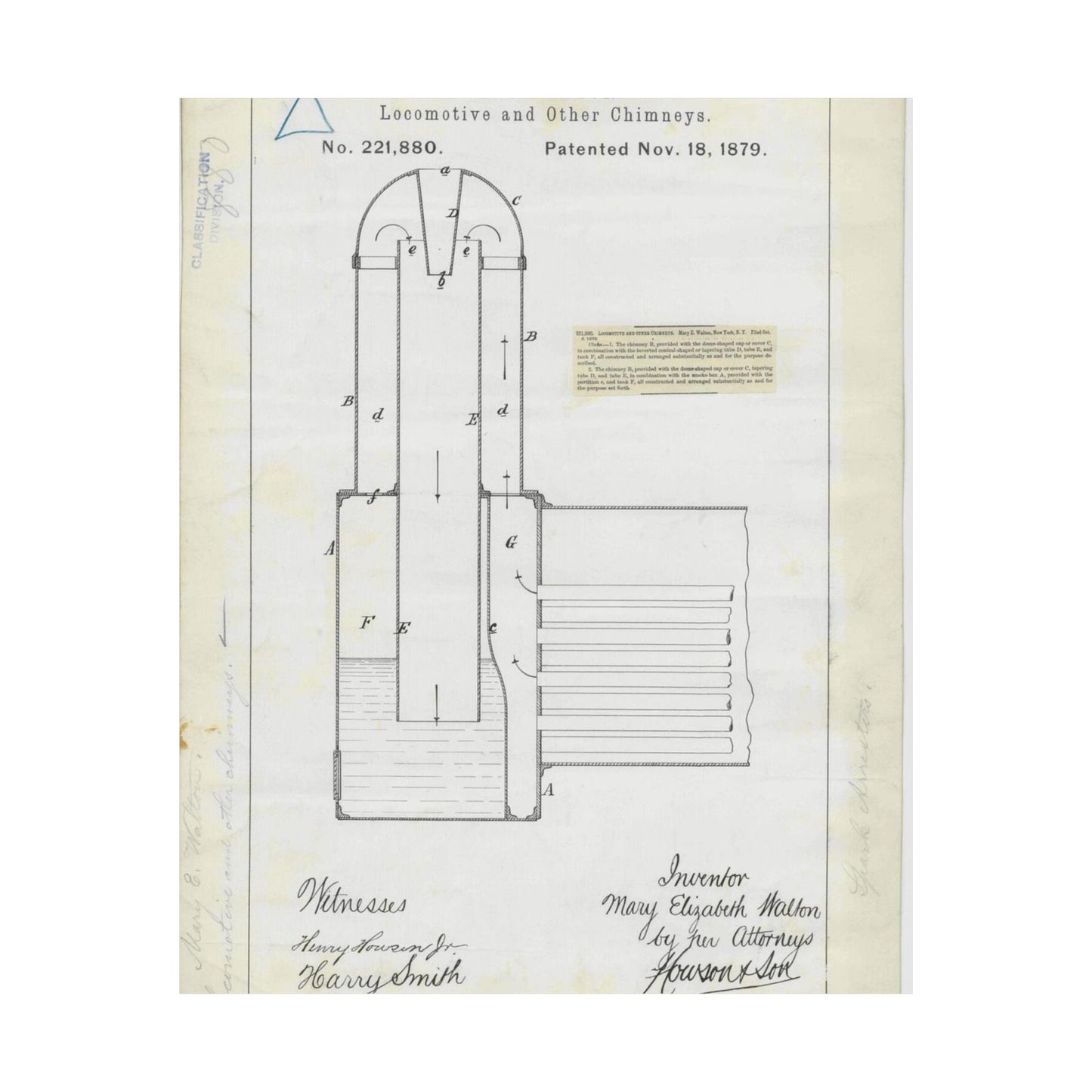 Patent Drawing of Engine - for M. E. Walton's Locomotive and Other Chimneys Public domain image High Quality Matte Wall Art Poster for Home, Office, Classroom