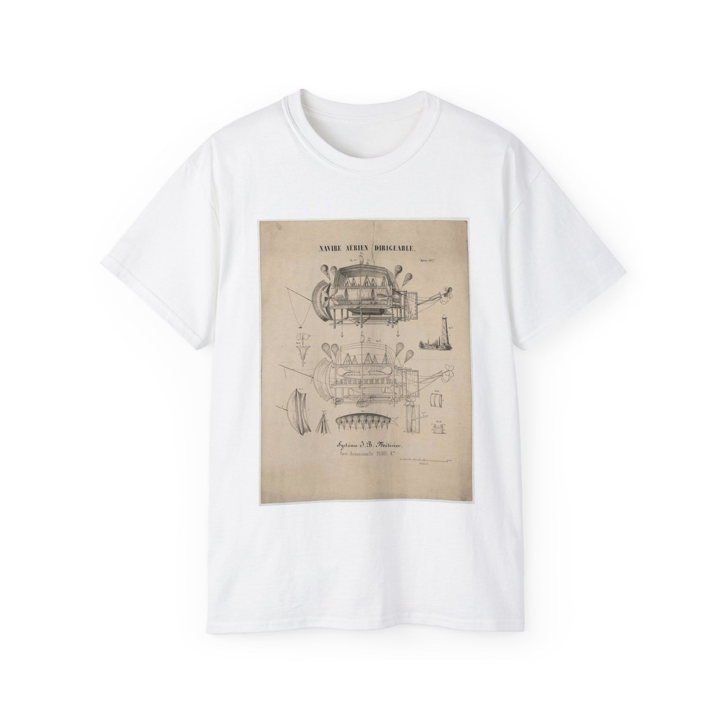Patent drawing - Navire aérien dirigeable. Systême J.B. Métivier, force ascensionnelle 90,000 kos. Public domain image White T-Shirt Gildan 2000 Cotton Unisex