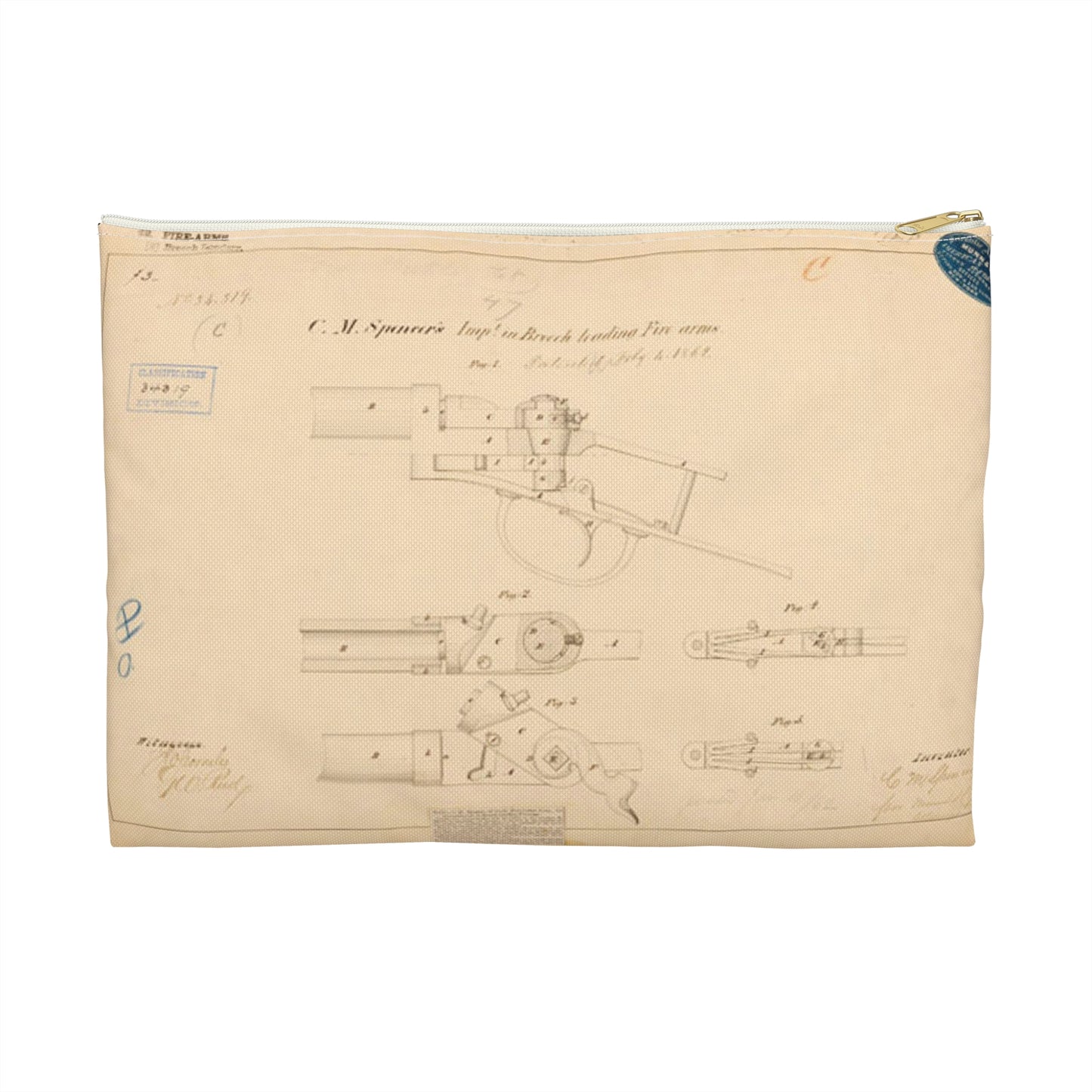 Patent Drawing of Engine - Drawing of Improvements in Breech Loading Fire Arms Public domain image Large Organizer Pouch with Black Zipper