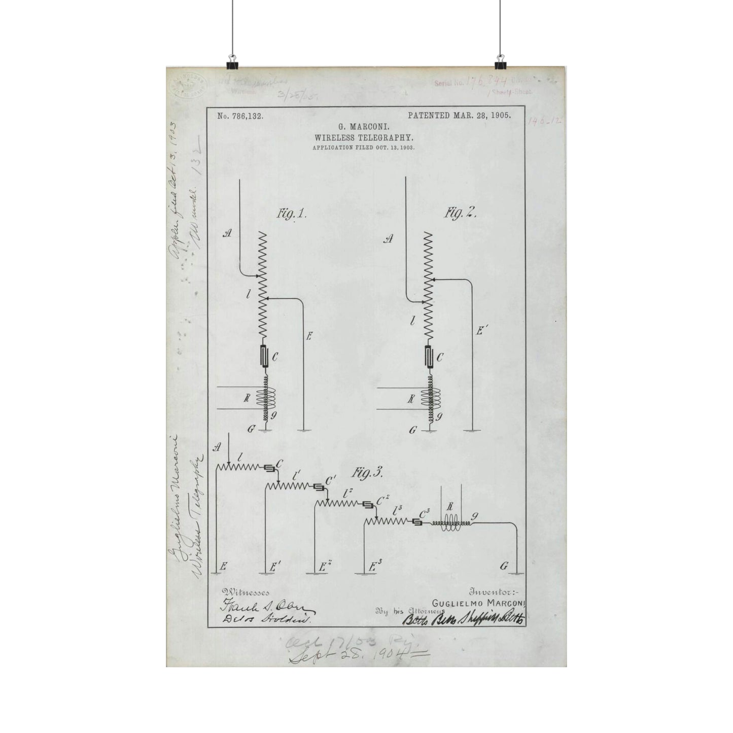 Patent drawing - for G. Marconi's Wireless Telegraphy Public domain image High Quality Matte Wall Art Poster for Home, Office, Classroom