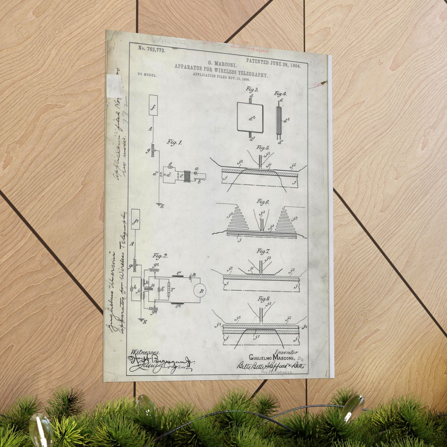 Patent drawing - for G. Marconi's Apparatus for Wireless Telegraphy Public domain image High Quality Matte Wall Art Poster for Home, Office, Classroom