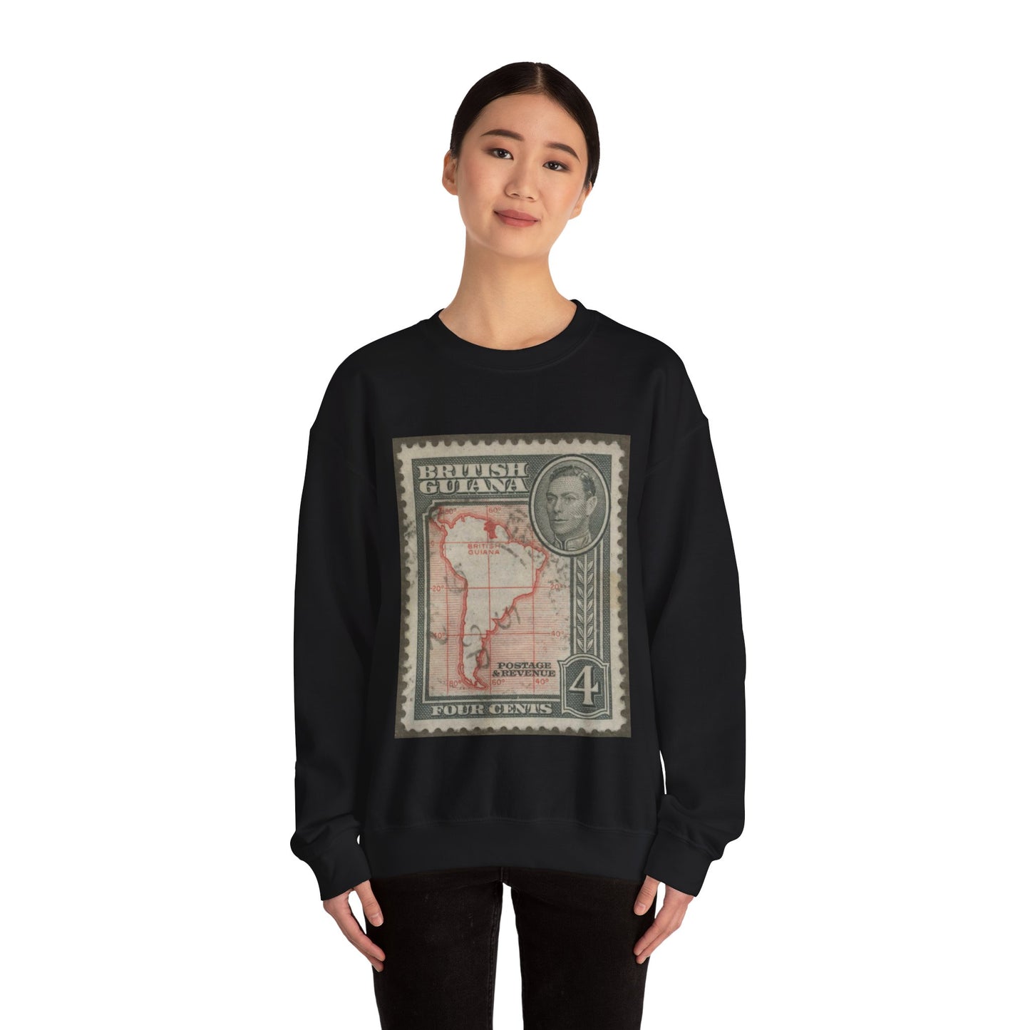 Frimärke ur Gösta Bodmans filatelistiska motivsamling, påbörjad 1950.Frimärke från Brittiska Guiana, 1938. Motiv av Sydamerikas karta med Brittiska Guiana. Black Heavy Blend Adult Crew Neck SweatShirt