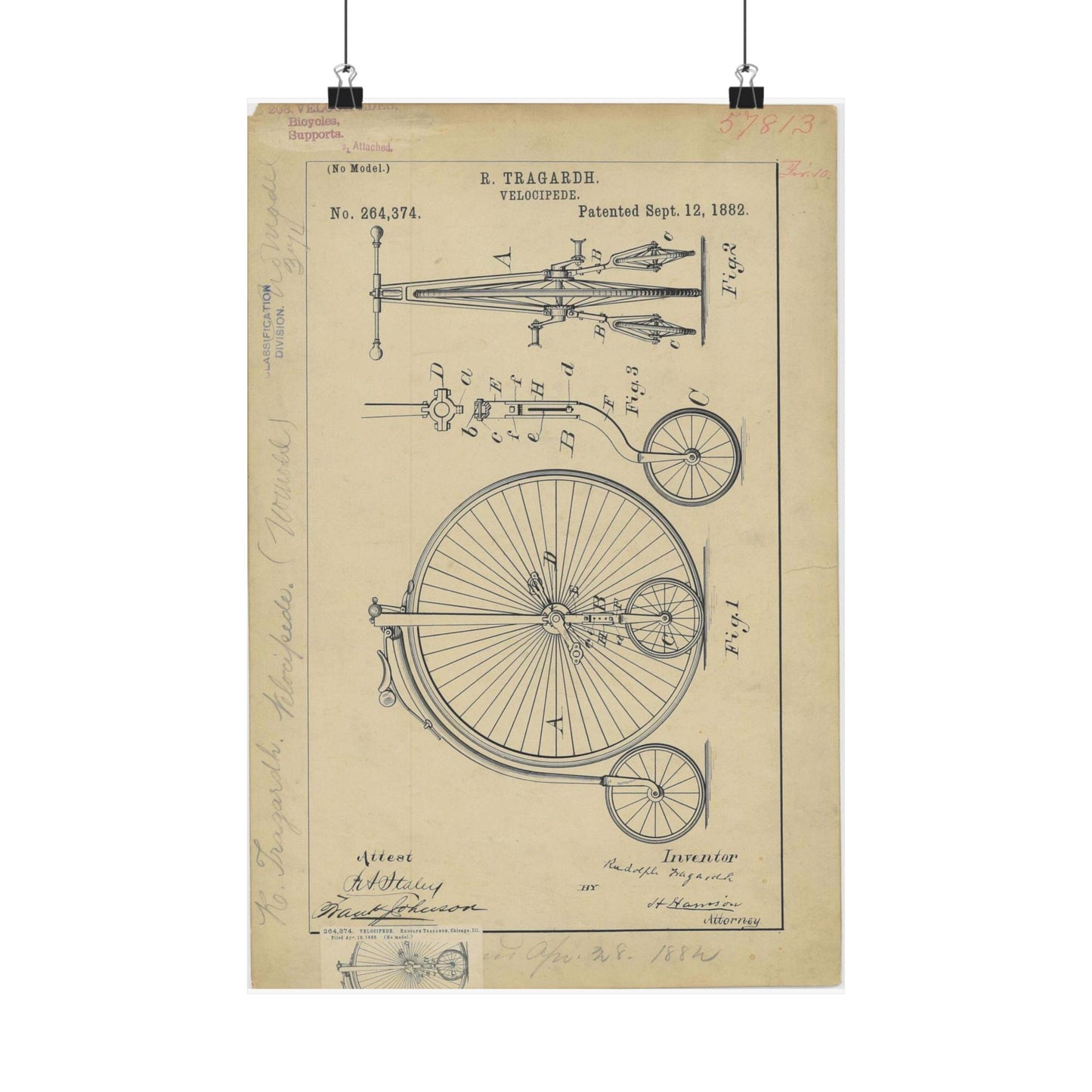 Patent drawing - Drawing of a Velocipede Public domain image High Quality Matte Wall Art Poster for Home, Office, Classroom
