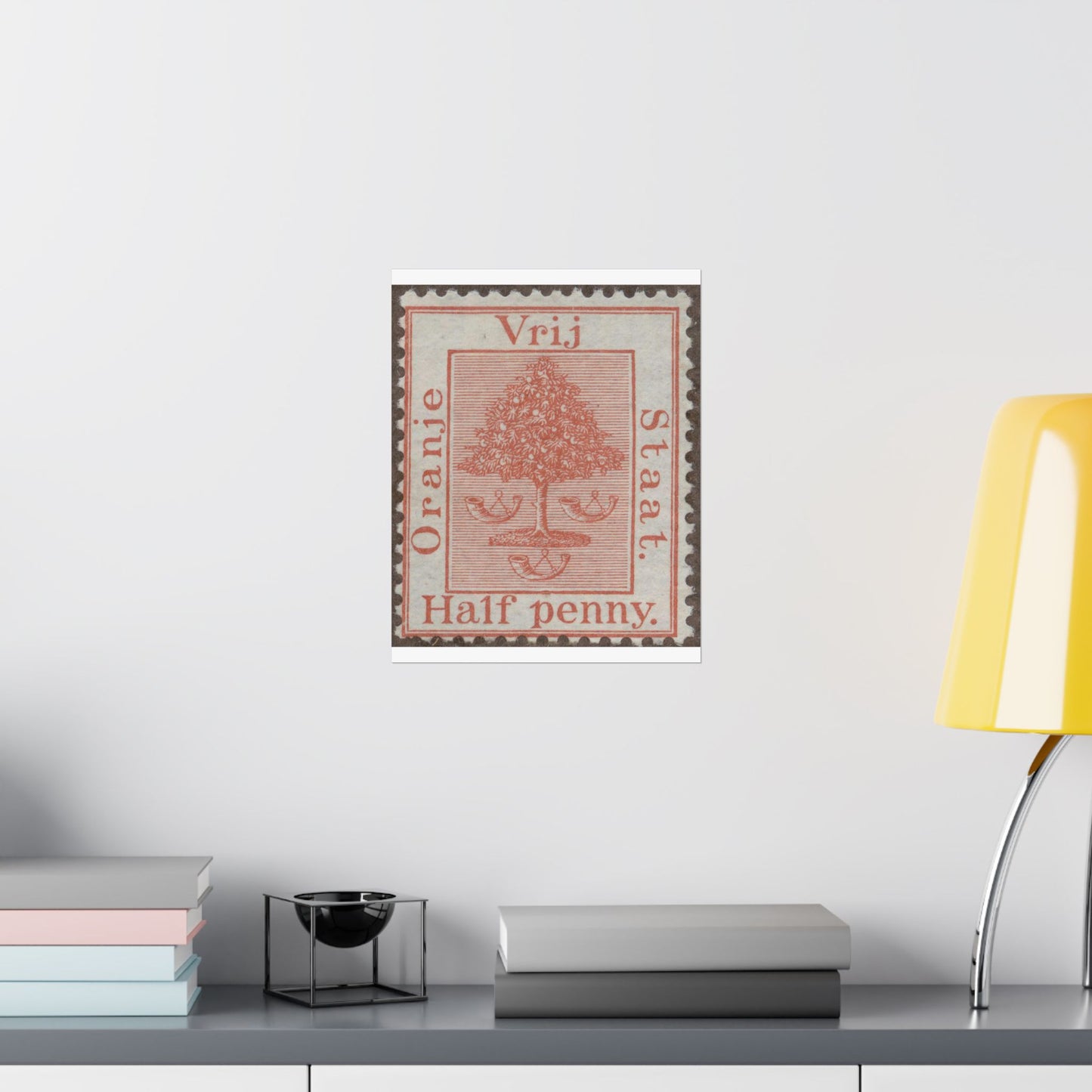 Frimärke ur Gösta Bodmans filatelistiska motivsamling, påbörjad 1950.Frimärke från Oranje -Fristaten. Motiv av apelsinträd med frukter och posthorn. High Quality Matte Wall Art Poster for Home, Office, Classroom