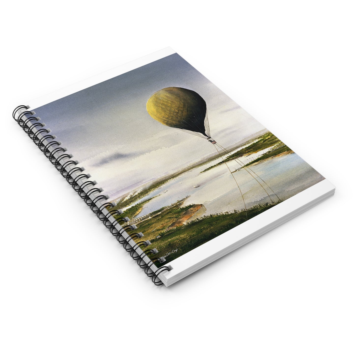Artwork: "T.S.C. Lowe's Ballon Tethered at 1,000 Feet Above the York River in 1862". Artist: John McCoy Spiral Bound Ruled Notebook with Printed Cover