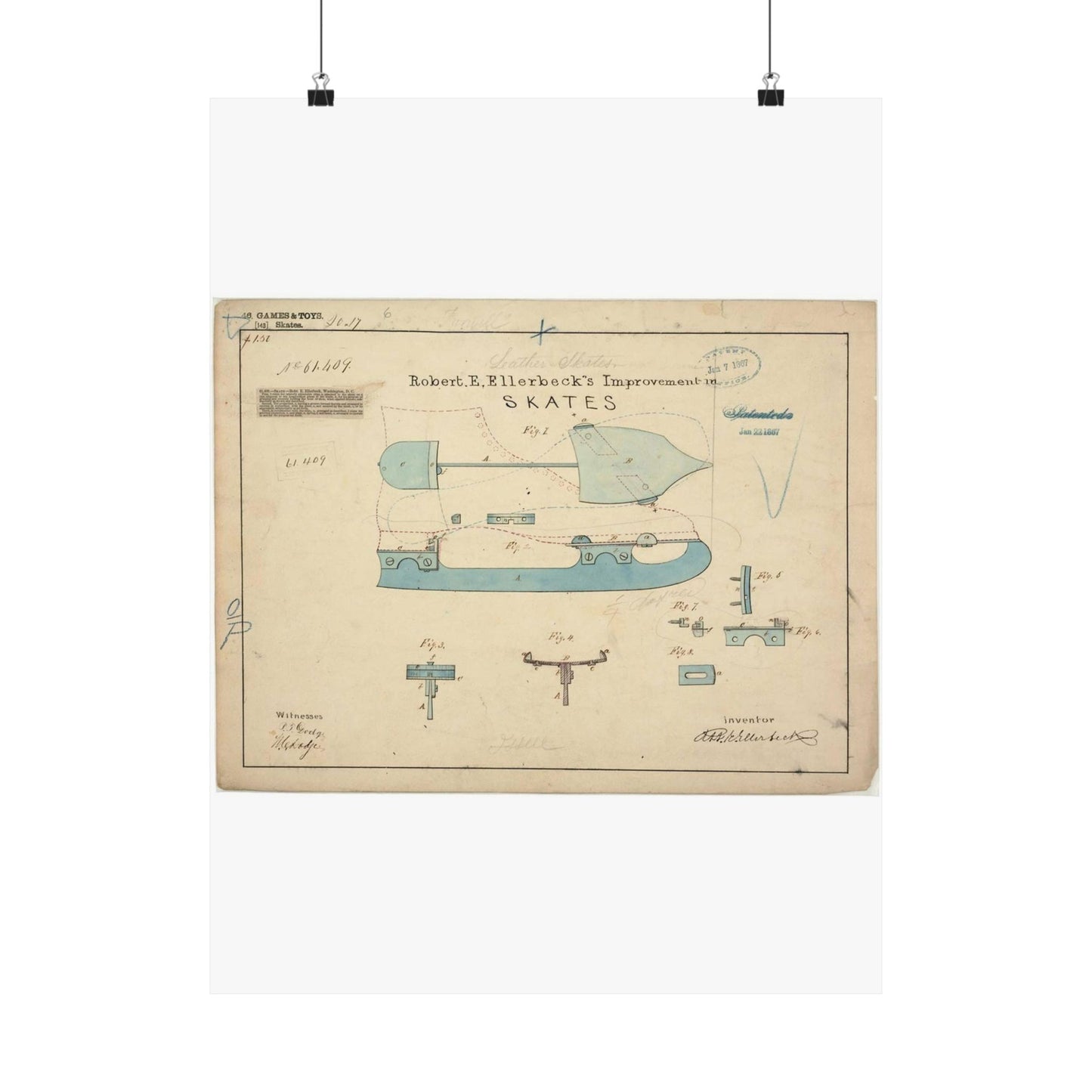 Patent drawing - Drawing of Improvement in Skates Public domain image High Quality Matte Wall Art Poster for Home, Office, Classroom