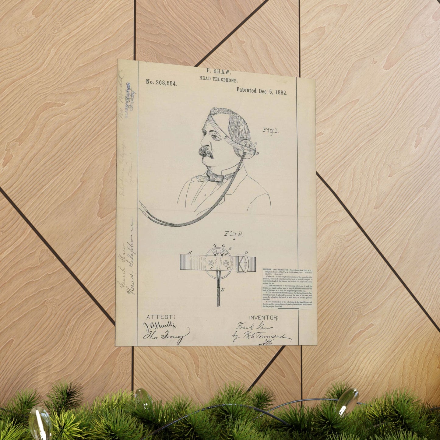 Patent drawing - for F. Shaw's Head Telephone Public domain image High Quality Matte Wall Art Poster for Home, Office, Classroom