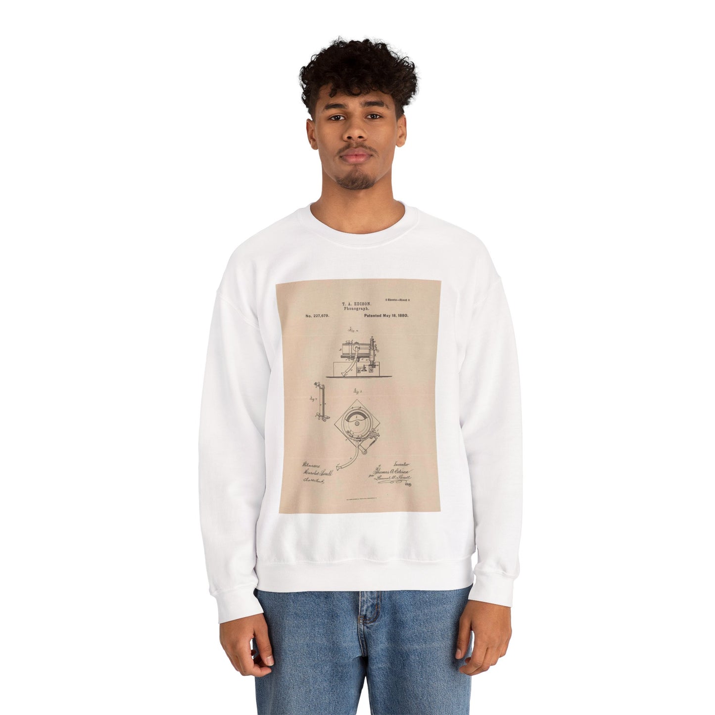 Patent Drawing of Engine - Drawing for a Phonograph Public domain image White Heavy Blend Adult Crew Neck SweatShirt