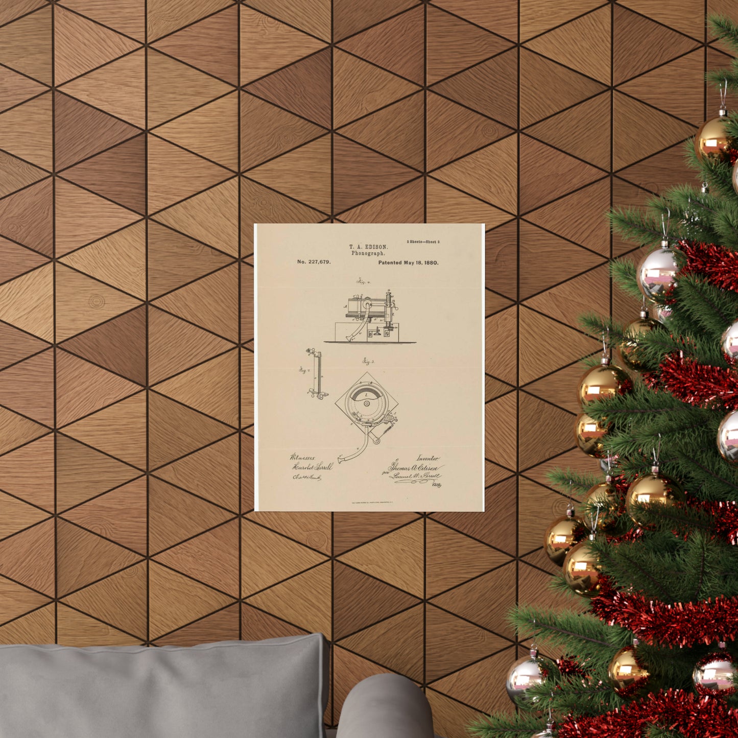 Patent Drawing of Engine - Drawing for a Phonograph Public domain image High Quality Matte Wall Art Poster for Home, Office, Classroom
