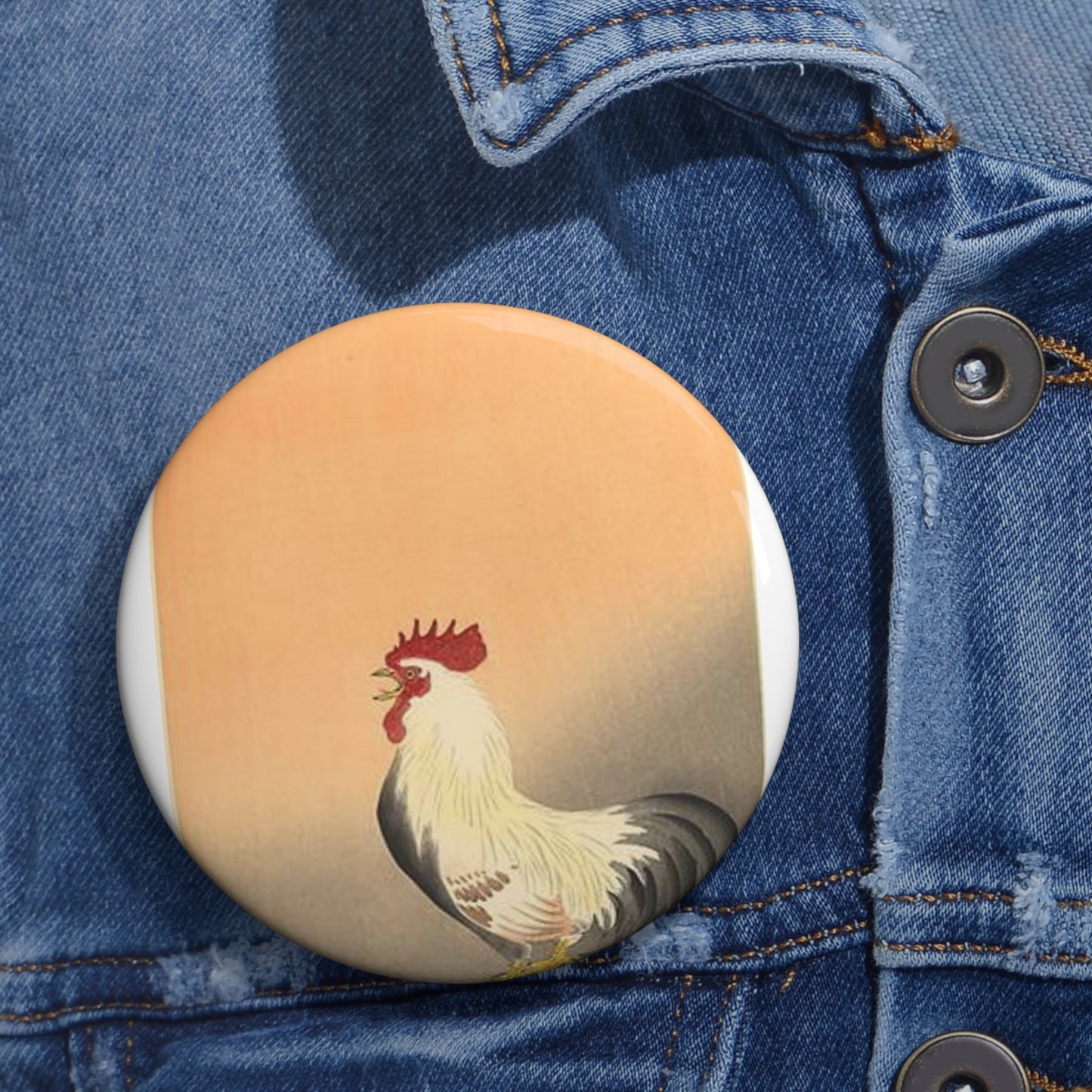 Koson - rooster-and-hen-at-sunrise, Ohara Koson Pin Buttons with Crisp Design