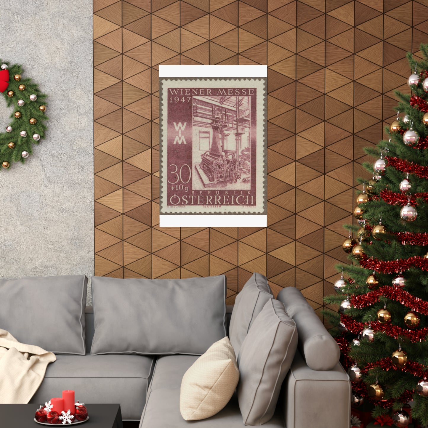 Frimärke ur Gösta Bodmans filatelistiska motivsamling, påbörjad 1950.Frimärke från Österrike, 1947. Motiv av jacquardvävstol i Österrike 1947. "Wienermässan 1947" High Quality Matte Wall Art Poster for Home, Office, Classroom