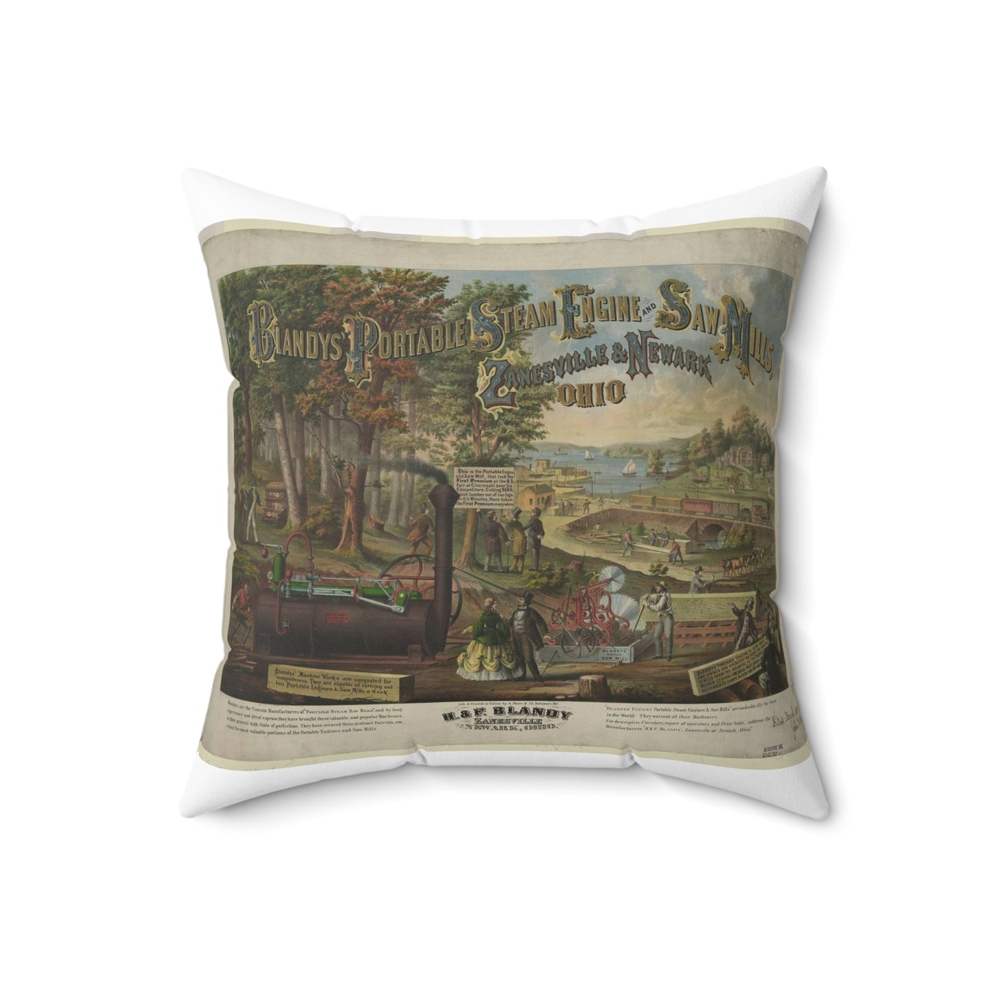 Blandy's portable steam engine and saw mills, Zanesville & Newark Ohio Decorative Accent Square Pillow