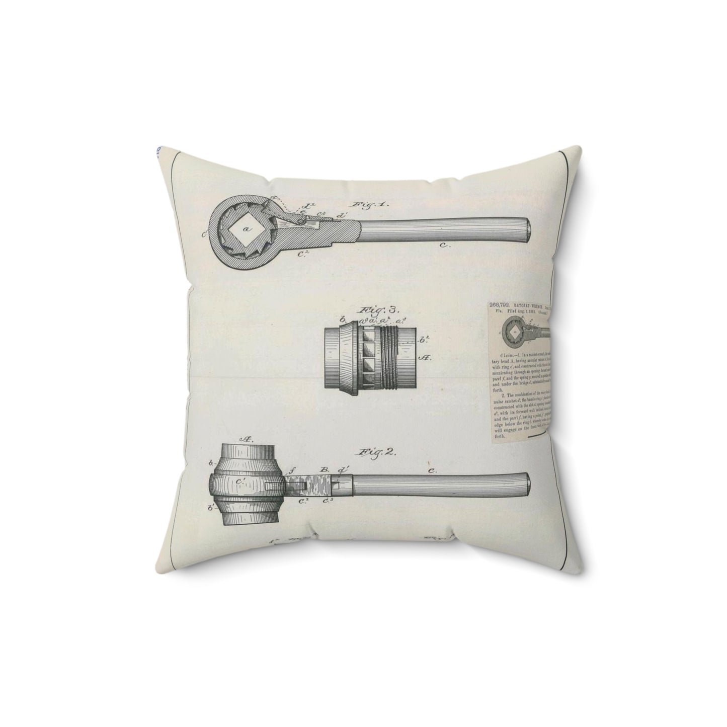 Patent Drawing of Engine - for J. B. Halbert's Ratchet Wrench Public domain image Decorative Accent Square Pillow