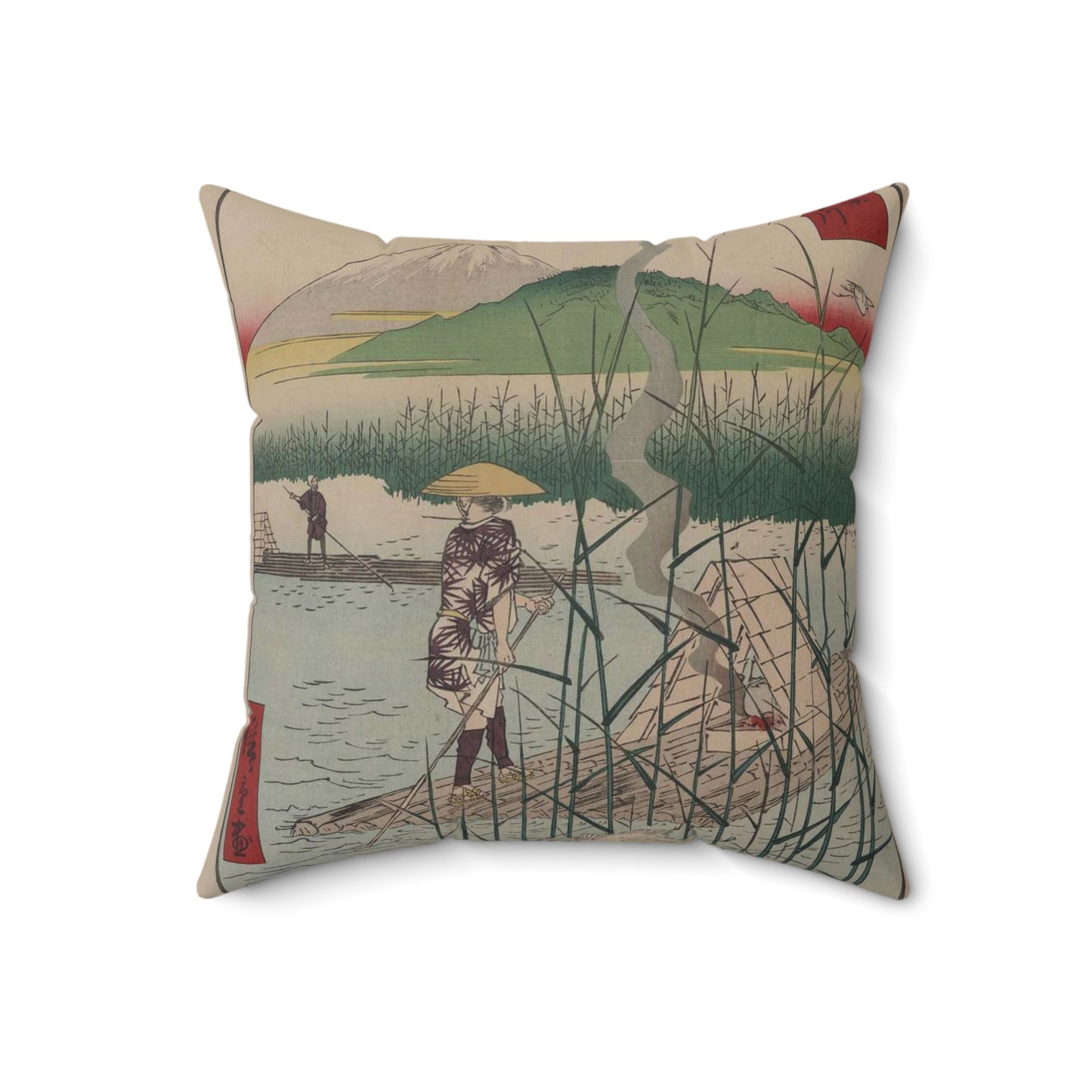 18 - The Sagami River - A painting of a man standing on a boat in a body of water Decorative Accent Square Pillow