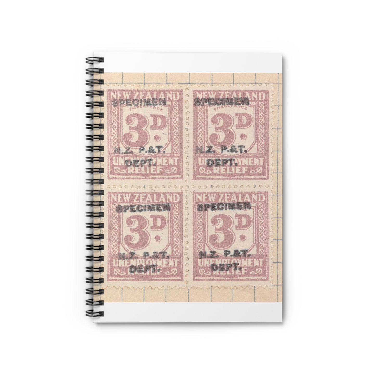 Block of three penny Unemployment Relief stamps overprinted 'Specimen' Spiral Bound Ruled Notebook with Printed Cover