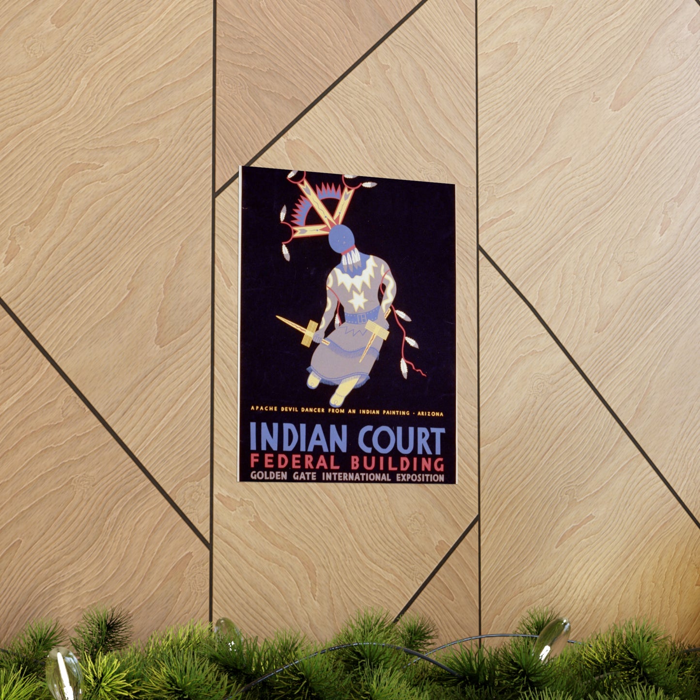 Indian court, Federal Building, Golden Gate International Exposition, San Francisco, 1939 Apache devil dancer from an Indian painting, Arizona / / Siegriest. High Quality Matte Wall Art Poster for Home, Office, Classroom