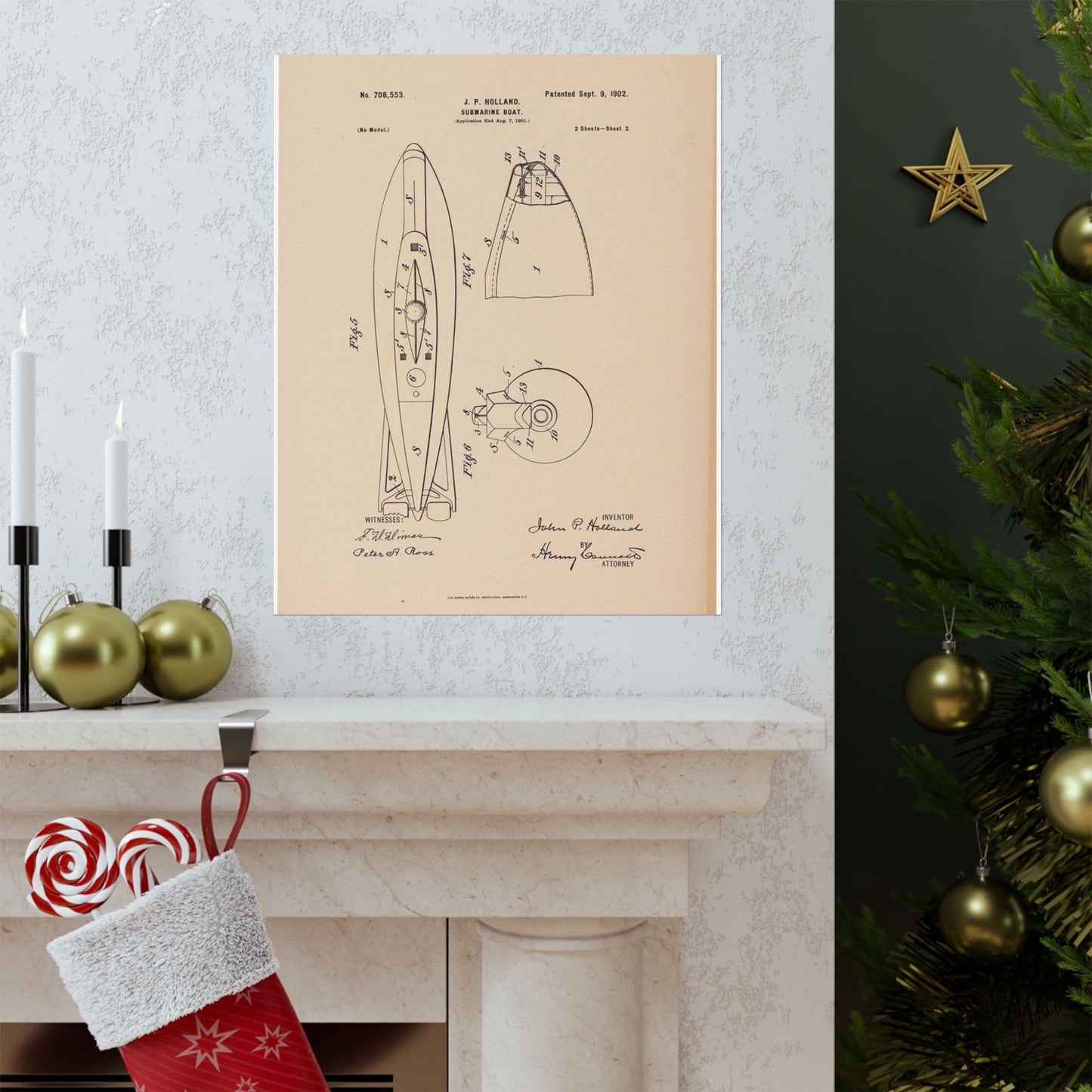 Patent drawing - Drawing for a Submarine Boat Public domain image High Quality Matte Wall Art Poster for Home, Office, Classroom