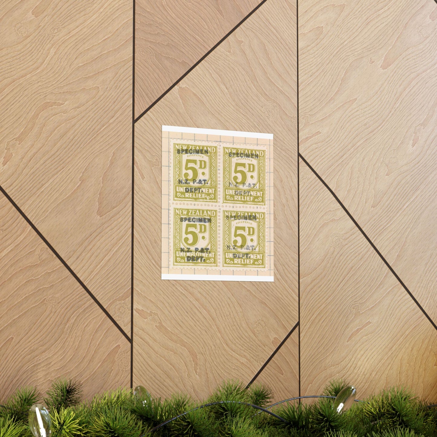 Block of five penny Unemployment Relief stamps overprinted 'Specimen' High Quality Matte Wall Art Poster for Home, Office, Classroom