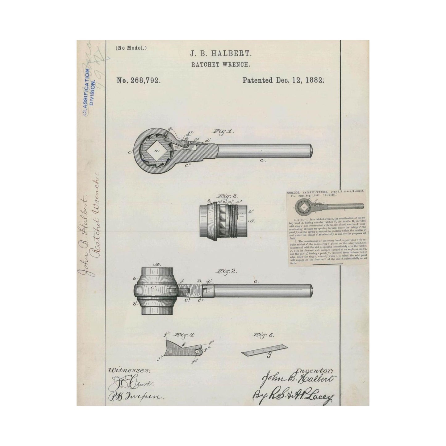 Patent Drawing of Engine - for J. B. Halbert's Ratchet Wrench Public domain image High Quality Matte Wall Art Poster for Home, Office, Classroom