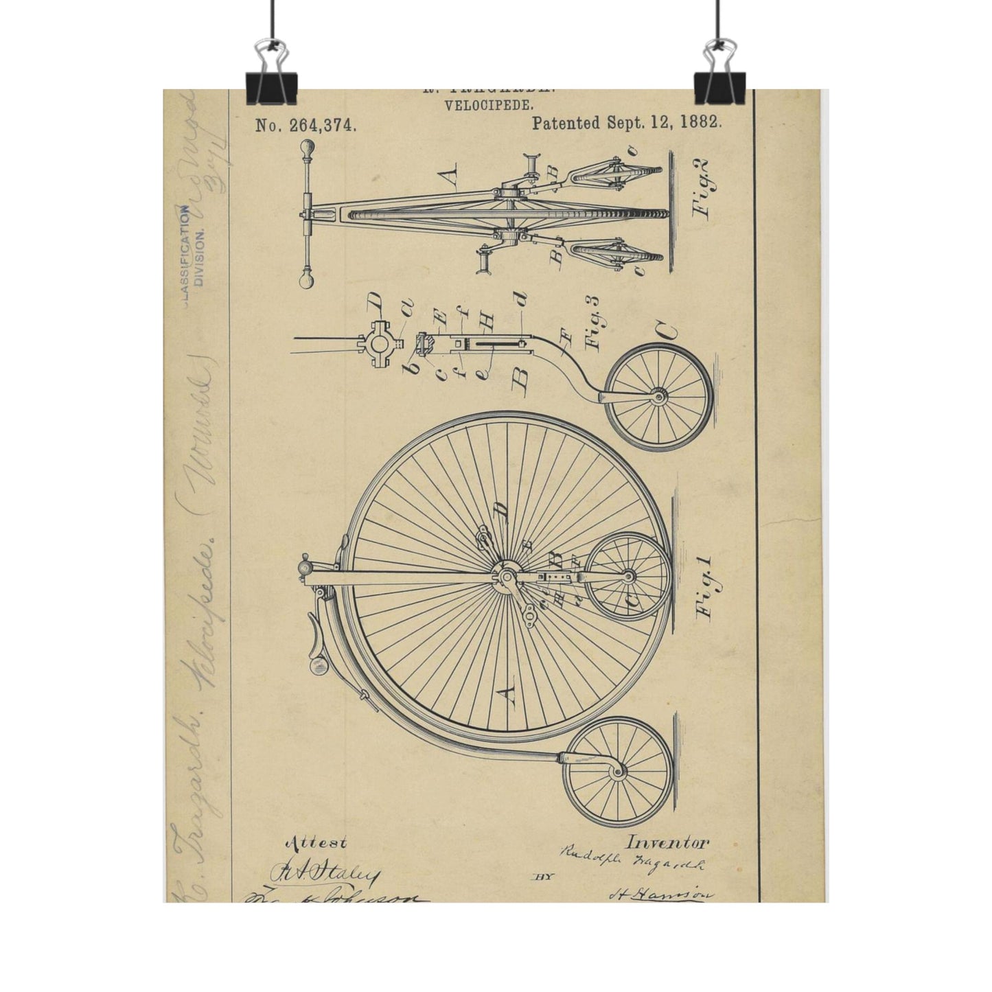 Patent drawing - Drawing of a Velocipede Public domain image High Quality Matte Wall Art Poster for Home, Office, Classroom