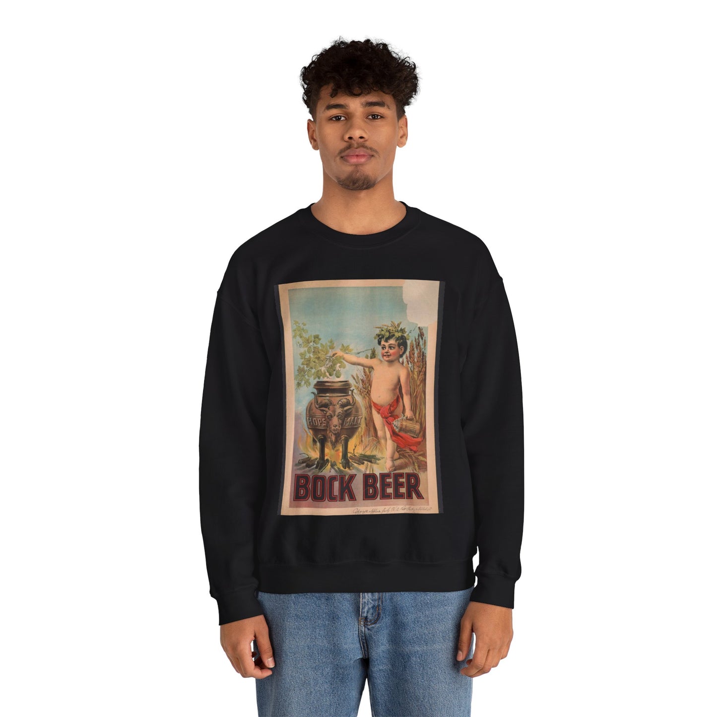 Bock beer boy standing to the right of a vat, which is inscribed hops malt, holding hops over the vat Black Heavy Blend Adult Crew Neck SweatShirt