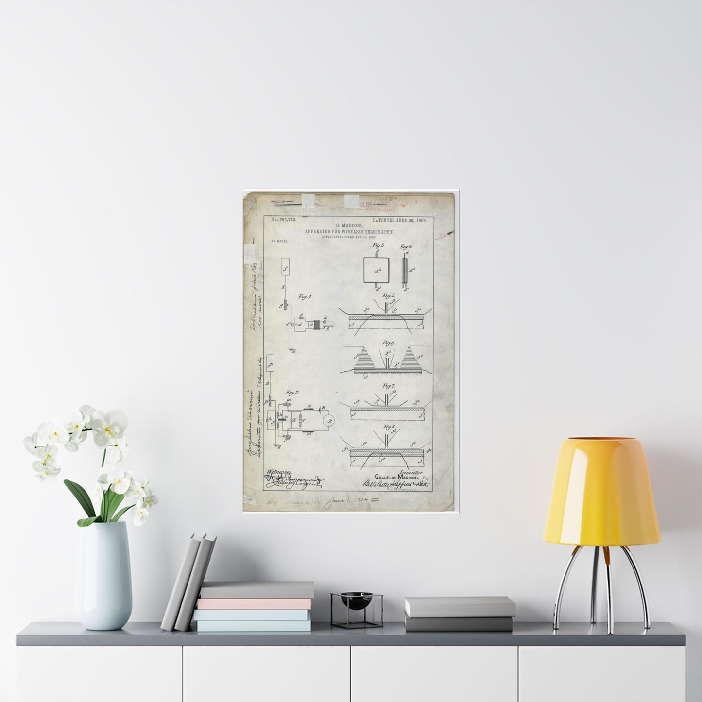 Patent drawing - for G. Marconi's Apparatus for Wireless Telegraphy Public domain image High Quality Matte Wall Art Poster for Home, Office, Classroom