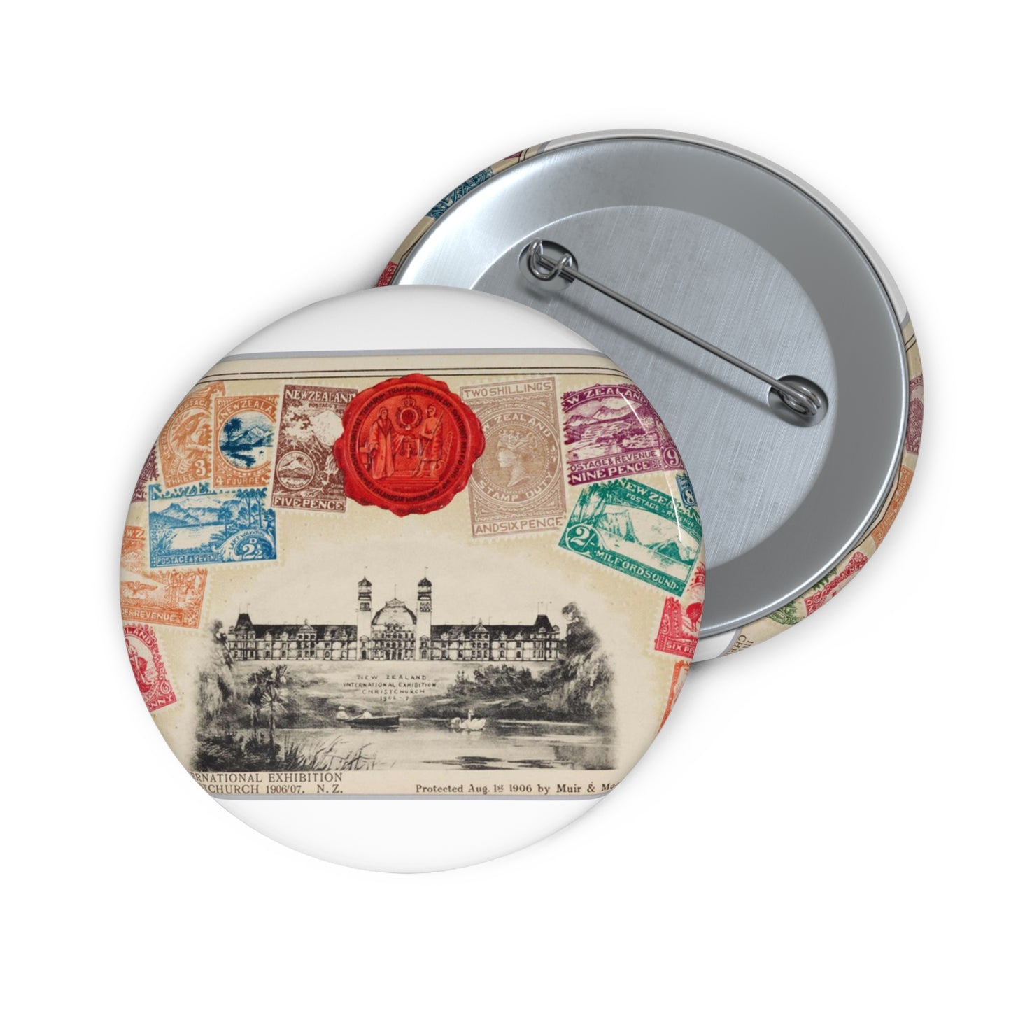 Postcard - postal stamp - Muir & Moodie, New Zealand Pin Buttons with Crisp Design