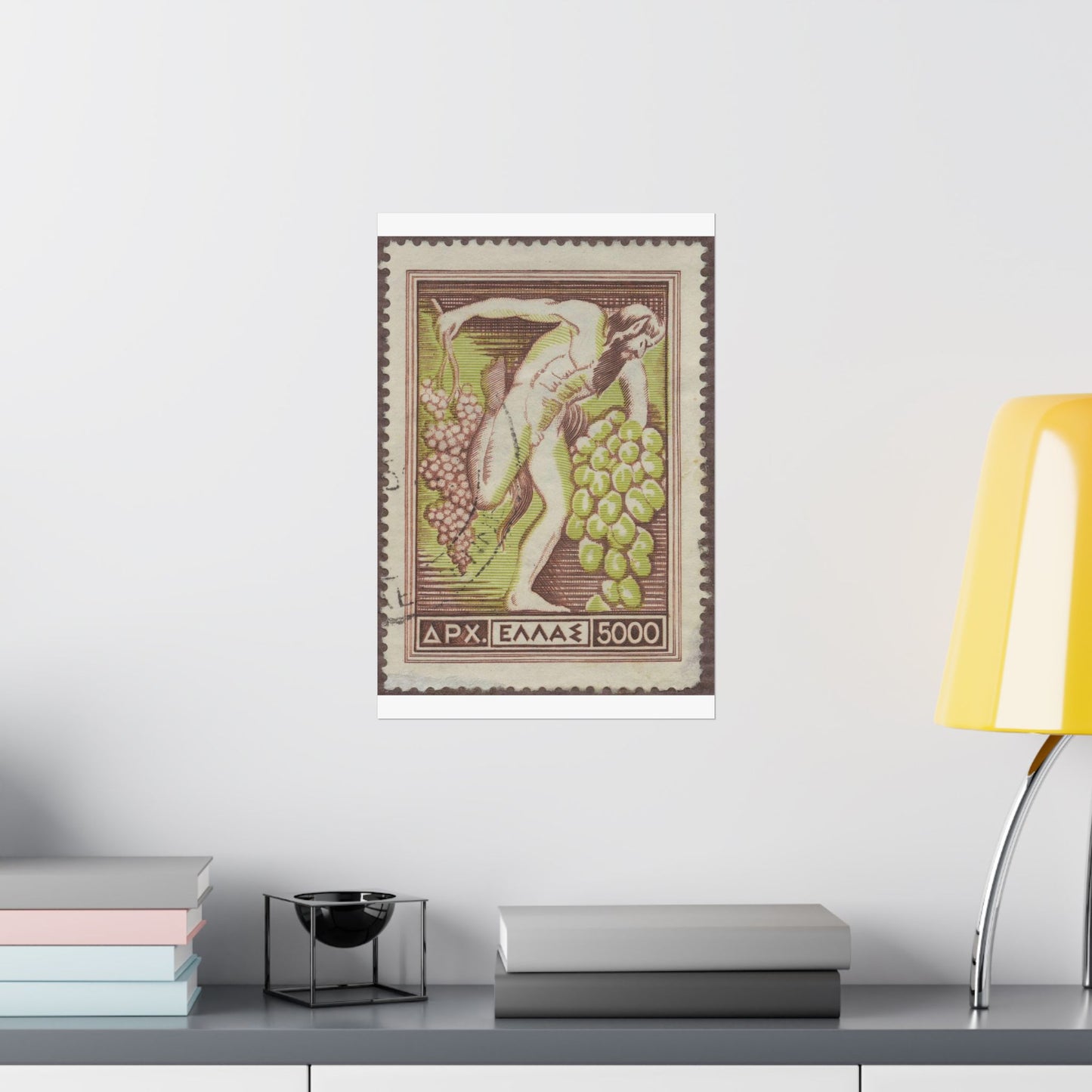 Frimärke ur Gösta Bodmans filatelistiska motivsamling, påbörjad 1950.Frimärke från Grekland, 1953. Motiv av Bacchus med vindruvsklasar. High Quality Matte Wall Art Poster for Home, Office, Classroom