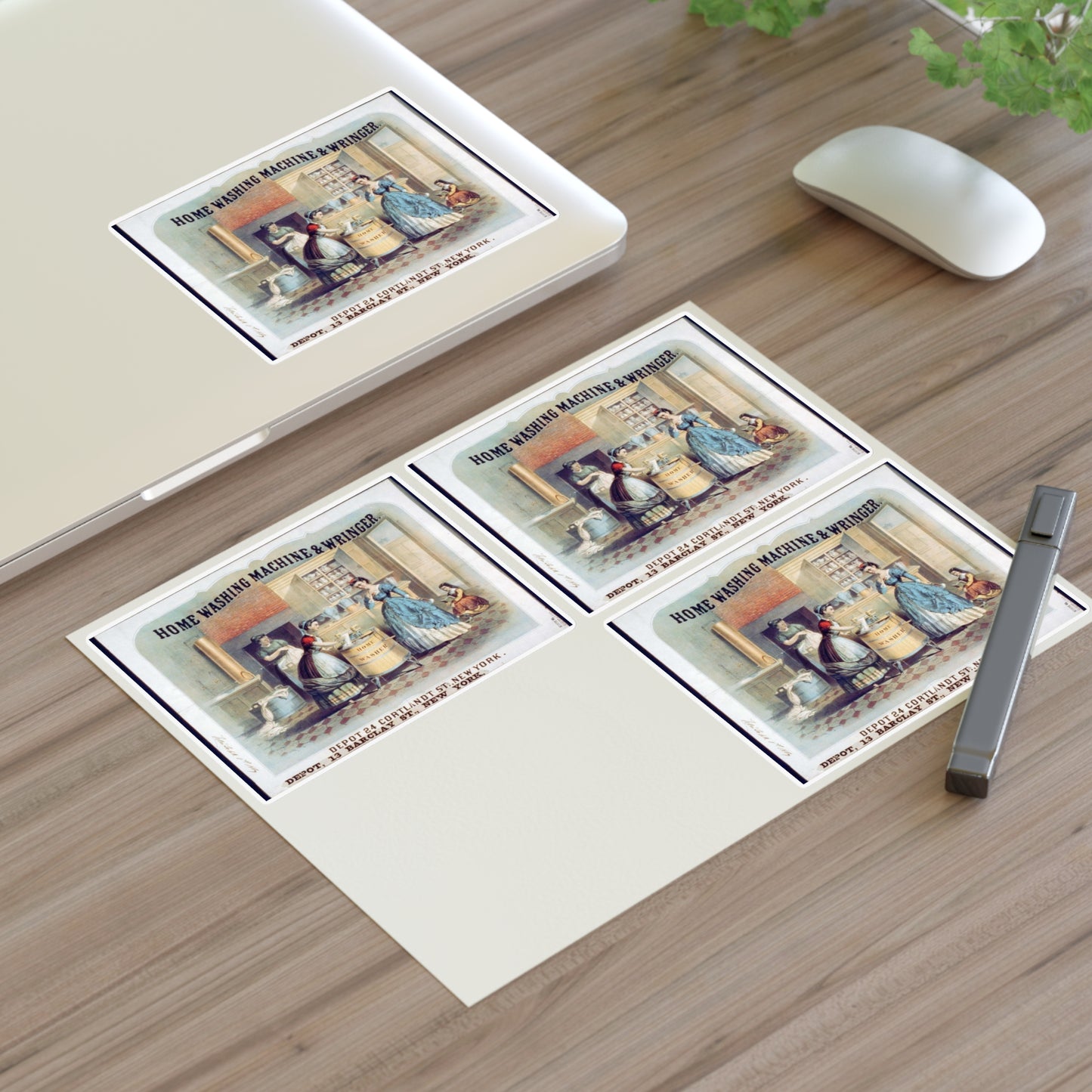 Home washing machine & wringer - A painting of women washing machines in a kitchen Laminated UV Protective Vinyl Stickers