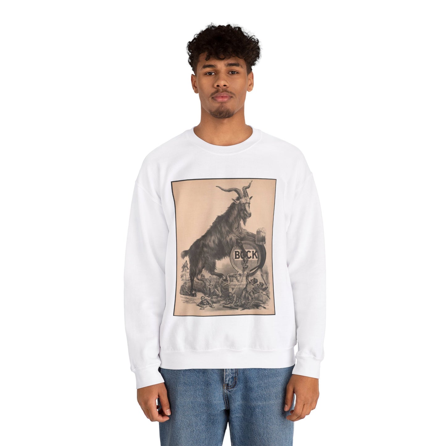 Giant bock goat resting on a keg, holding a mug of beer, men under the goat scrambling White Heavy Blend Adult Crew Neck SweatShirt